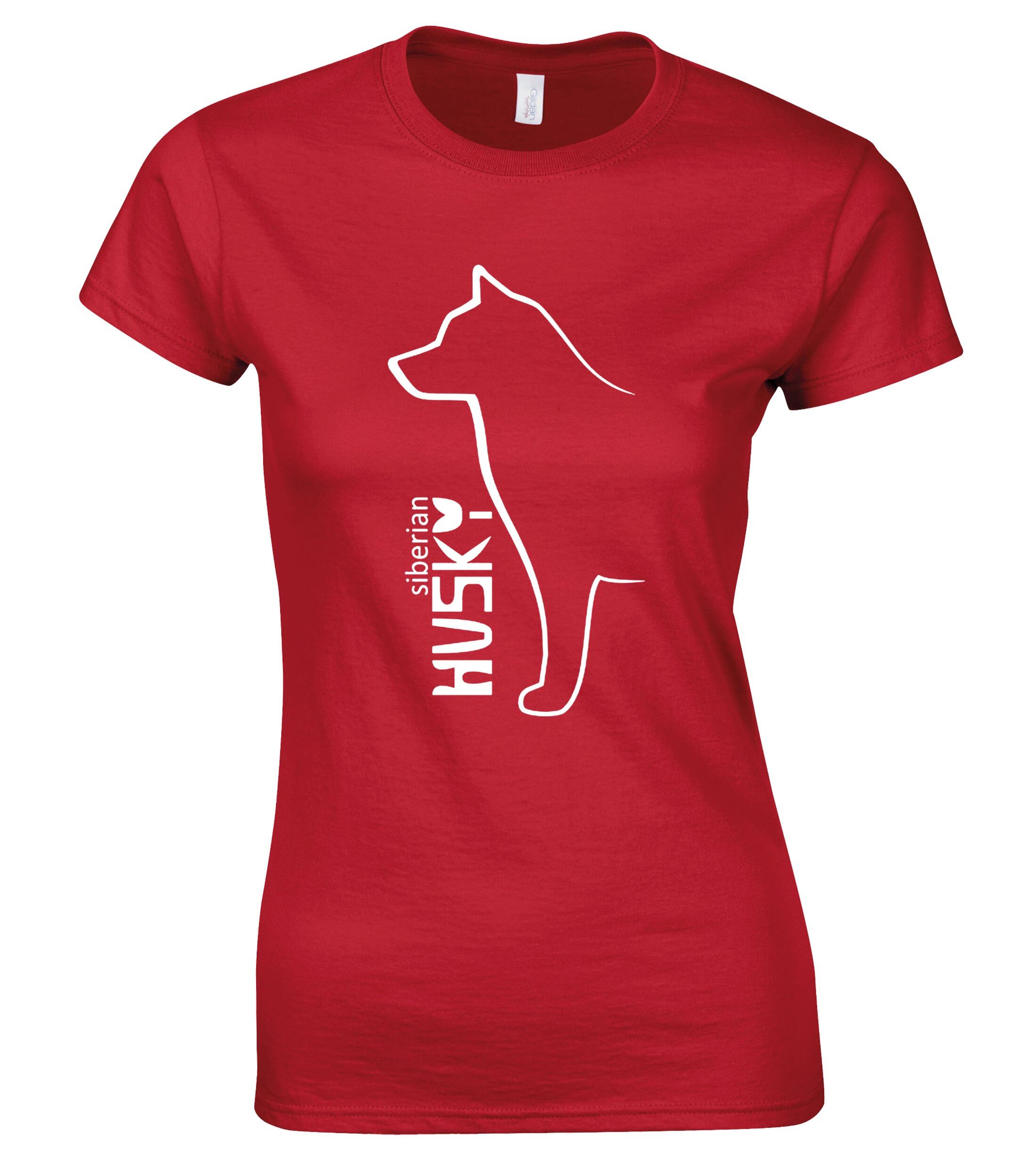 Female roundneck T-shirt featuring detailed Siberian Husky artwork on the front, made from soft breathable cotton with a flattering feminine fit—perfect for breed lovers and everyday wear.