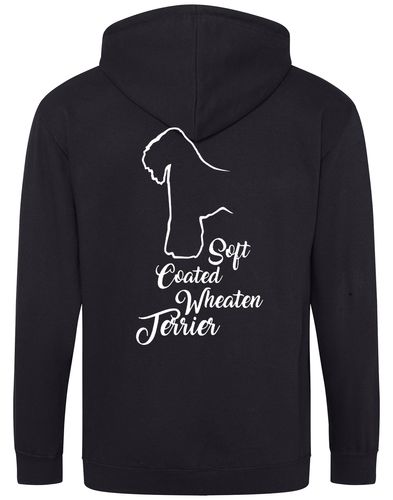 Soft Coated Wheaten Terrier zipped hoodie with breed artwork on the back and paw prints on the front, fleece-lined for warmth