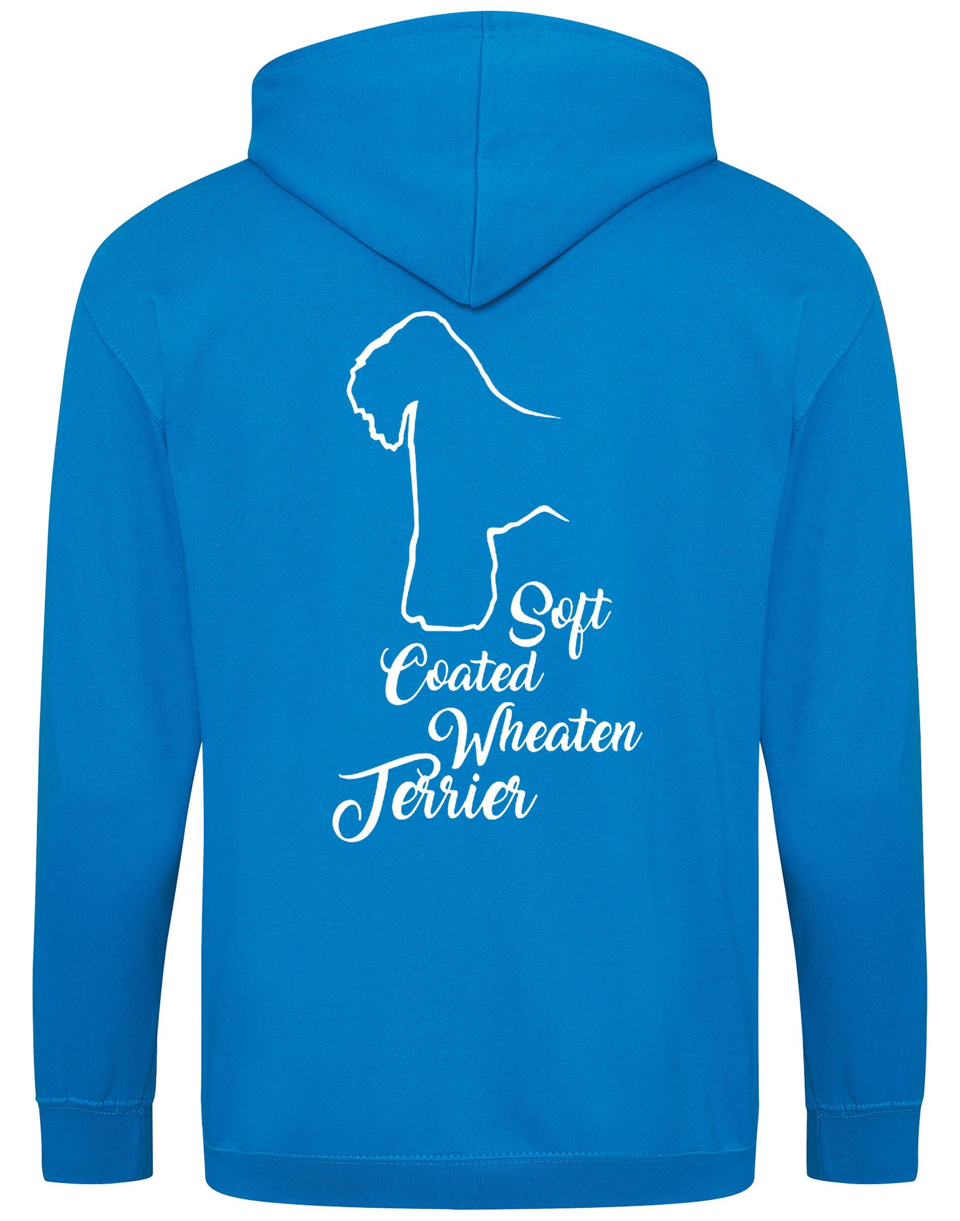 Soft Coated Wheaten Terrier zipped hoodie with breed artwork on the back and paw prints on the front, fleece-lined for warmth