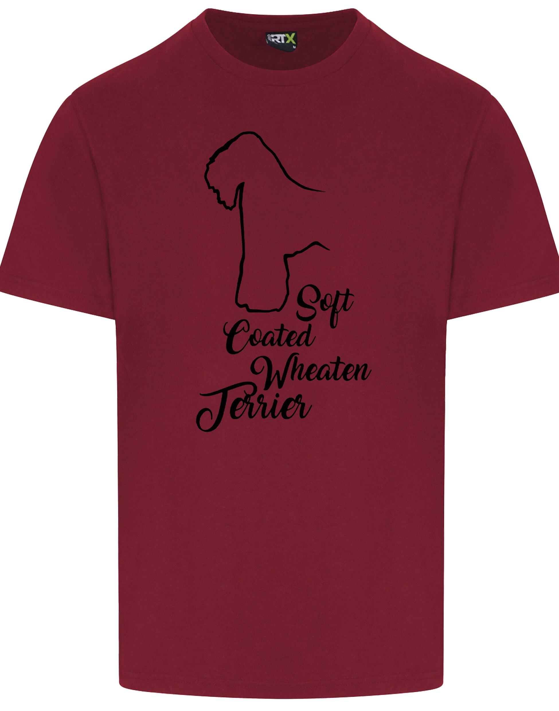 Unisex roundneck T-shirt with Soft Coated Wheaten Terrier artwork on the front, breathable cotton with relaxed fit