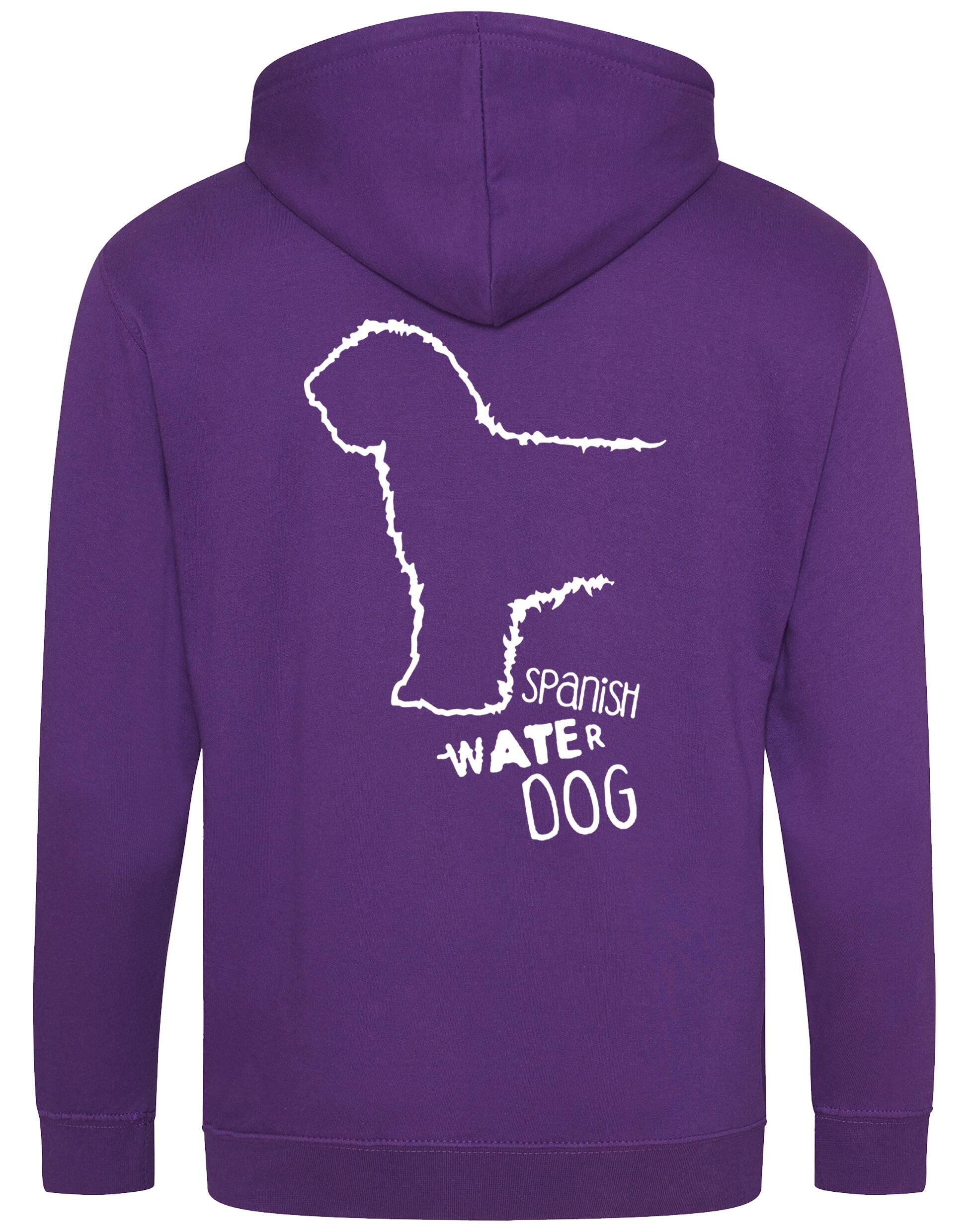Unisex zipped hoodie featuring exclusive Spanish Water Dog artwork on the back and paw prints on the front. Made from soft fleece-lined fabric with a double-layered hood, full-zip front, and roomy pockets—ideal for breed enthusiasts and everyday wear.
