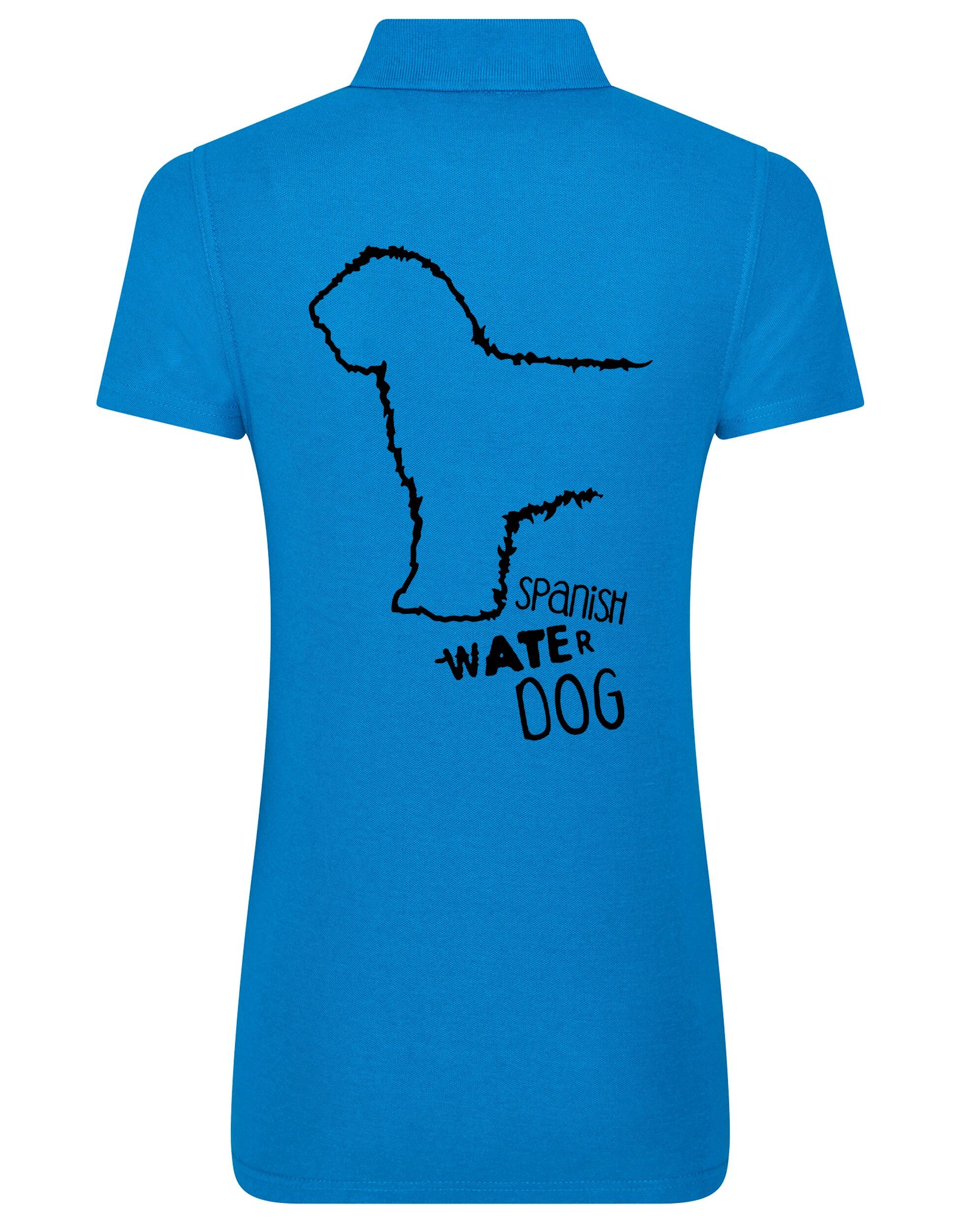 Women’s Cotton Polo featuring a detailed Spanish Water Dog design printed on the back. Lightweight and breathable with a tailored feminine fit, ideal for casual outings, dog shows, and breed enthusiasts.