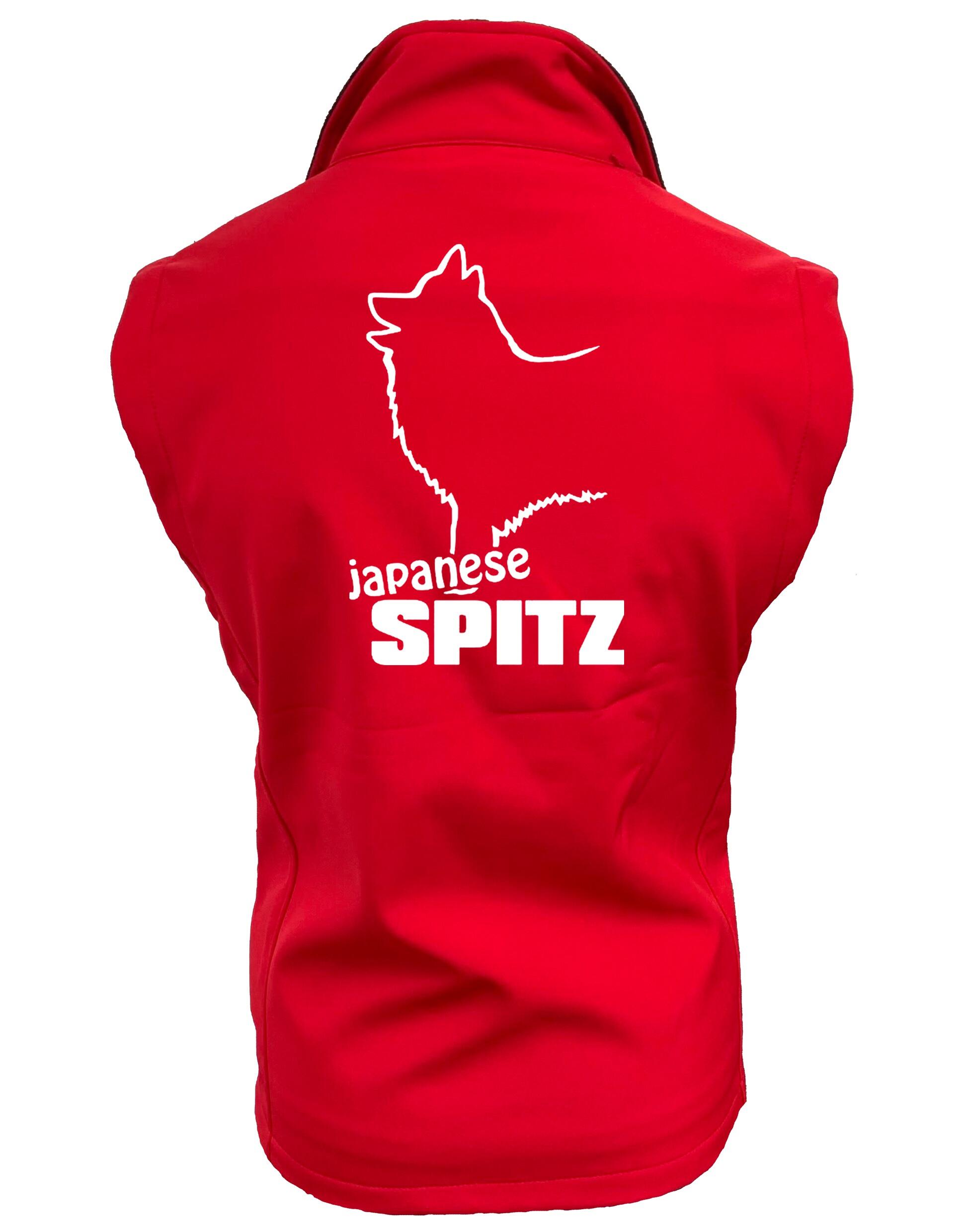 Unisex Softshell Gilet featuring detailed Japanese Spitz artwork, water-resistant fabric, and cozy fleece lining for outdoor comfort and style.