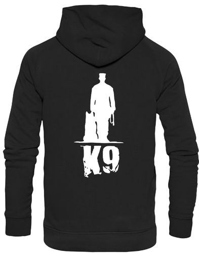 K9 pullover hoodie with exclusive artwork, brushed fleece interior, and personalization options, perfect for dog lovers at events or casual outings.