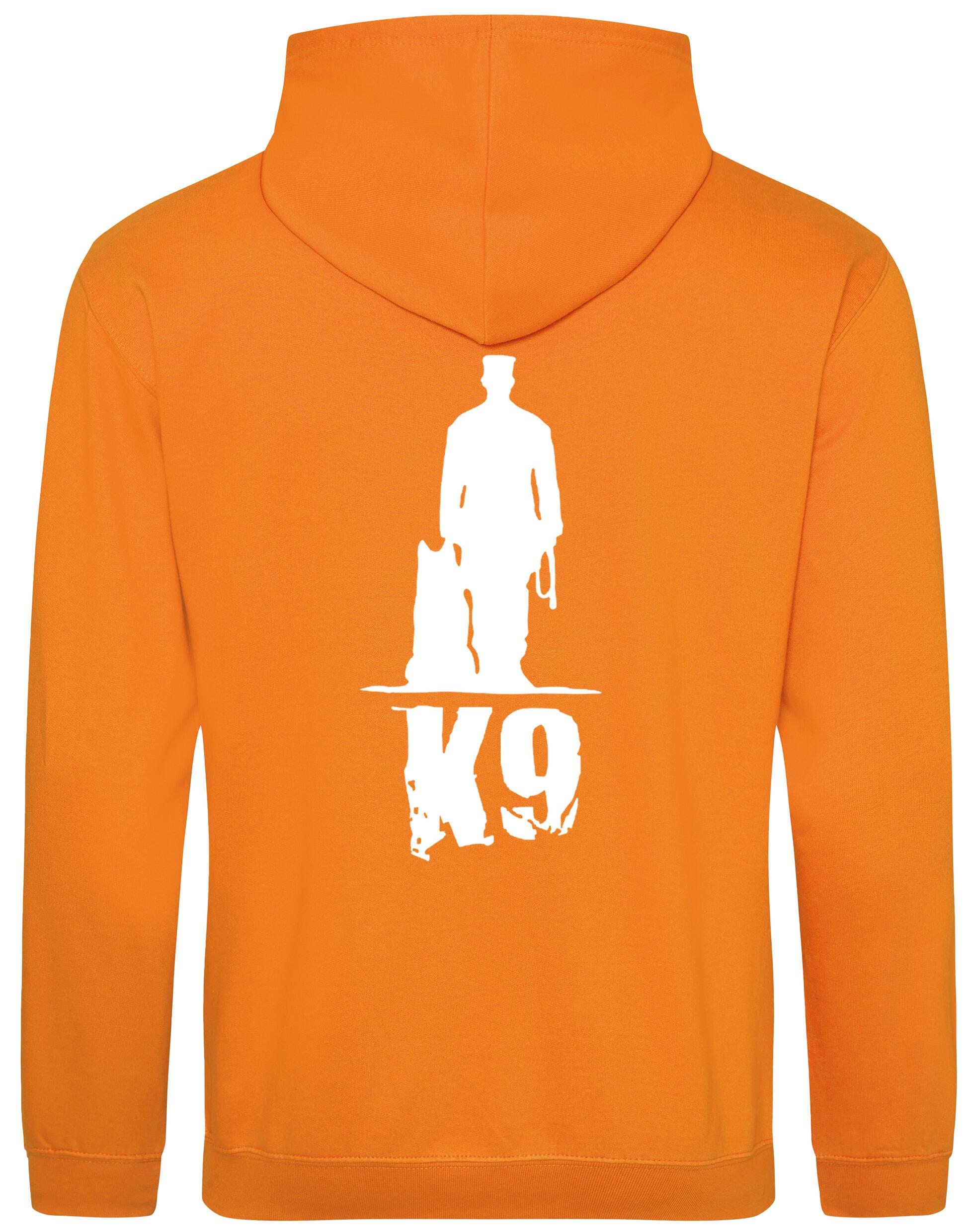 K9 pullover hoodie with exclusive artwork, brushed fleece interior, and personalization options, perfect for dog lovers at events or casual outings.