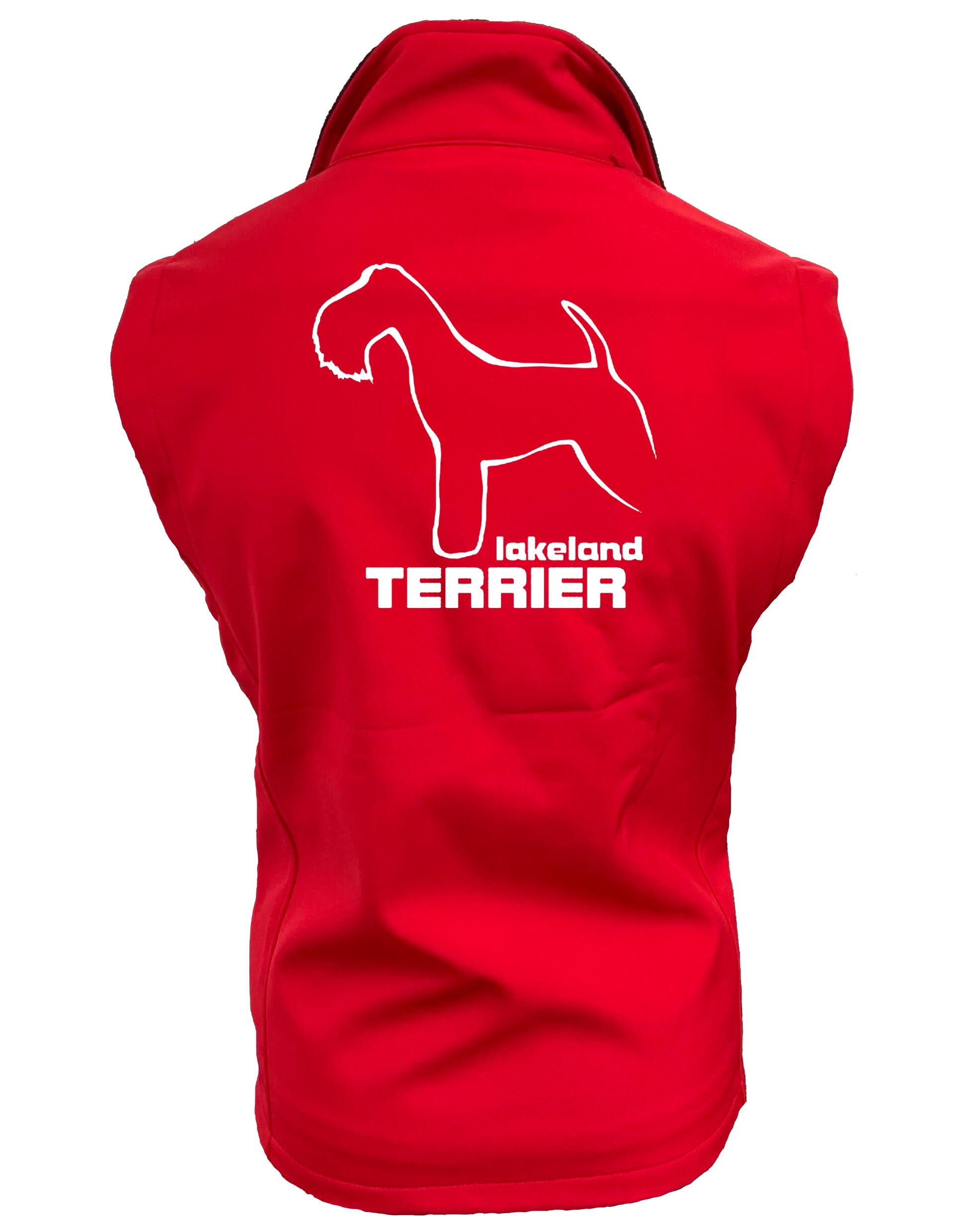 Woman wearing a stylish Lakeland Terrier Softshell Gilet with breed artwork, water-resistant fabric, and fleece lining