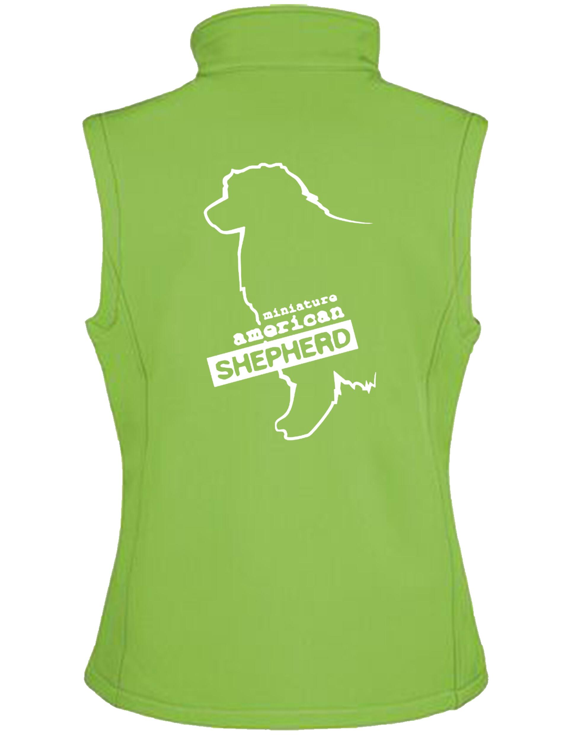 Miniature American Shepherd Women’s Softshell Gilet with water-resistant fabric, fleece lining, and customisable breed artwork for stylish outdoor wear.