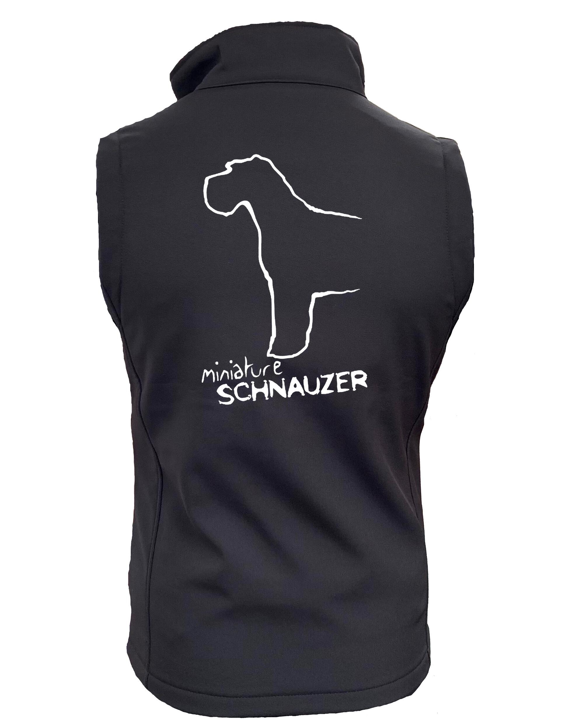 Miniature Schnauzer Women’s Softshell Gilet with water-resistant fabric, fleece lining, and exclusive breed artwork for comfort and style.