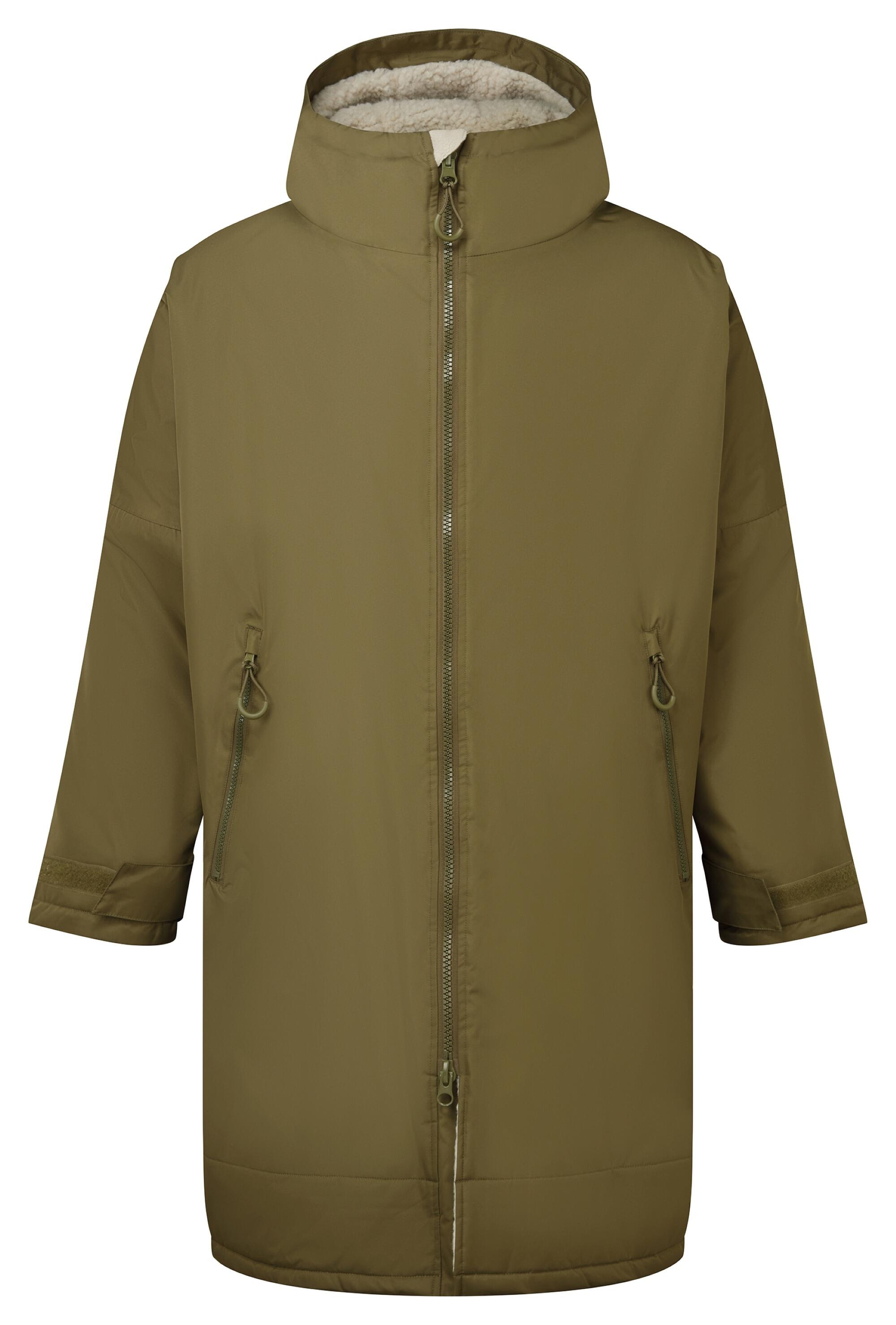 All-seasons waterproof changing robe with a hood, adjustable straps, double zip closure, and multiple deep pockets, featuring a waterproof exterior and cosy sherpa fleece interior.