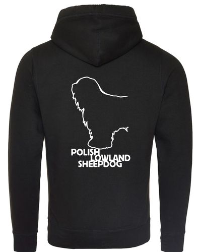 Polish Lowland Sheepdog Crossneck Pullover Hoodie featuring exclusive breed artwork, a modern crossneck design, a fleece interior, and a spacious kangaroo pocket for warmth and style.