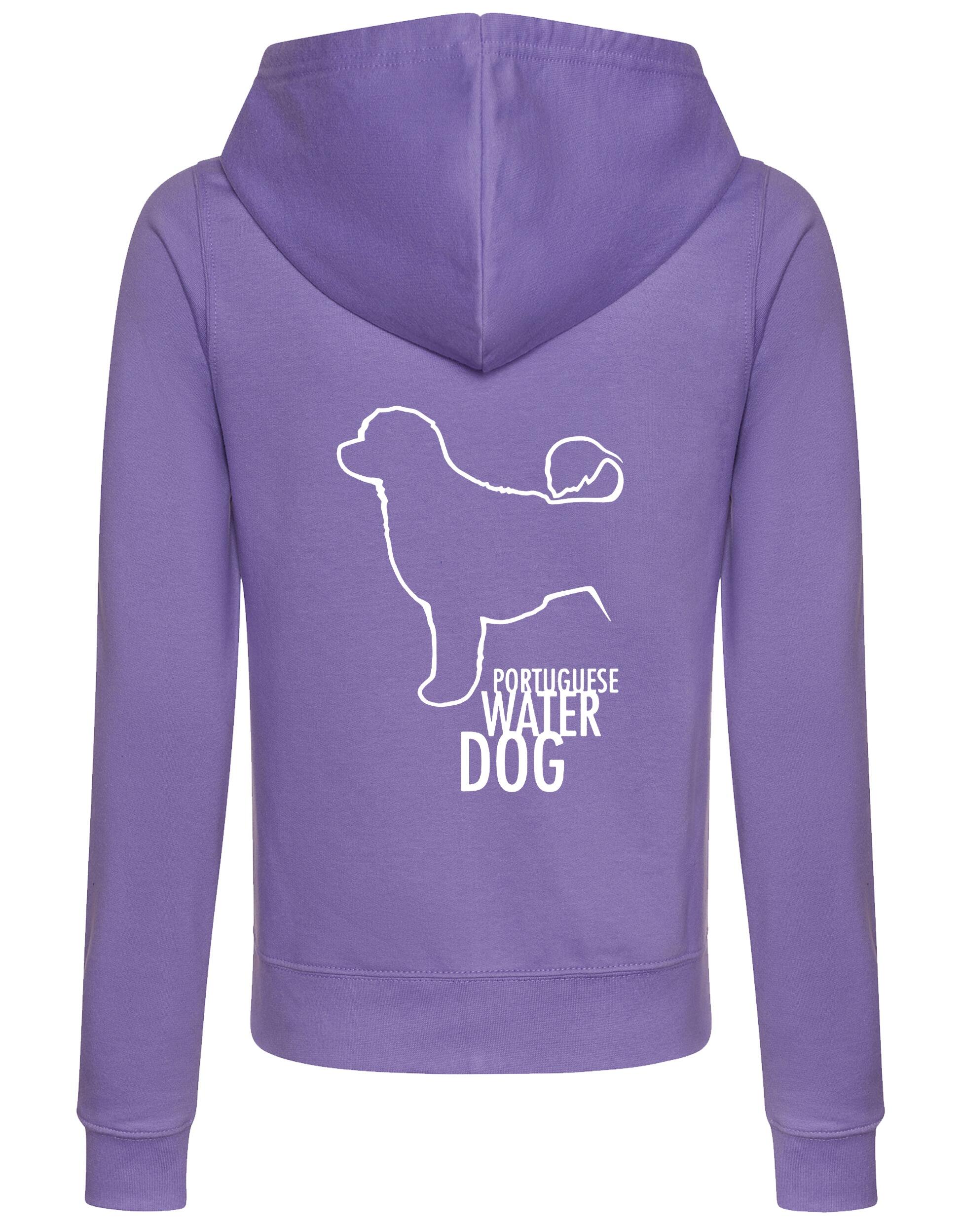 Portuguese Water Dog Women’s Zipped Hoodie featuring exclusive breed artwork, soft breathable fabric, a cozy hood, and practical front pockets for stylish comfort.