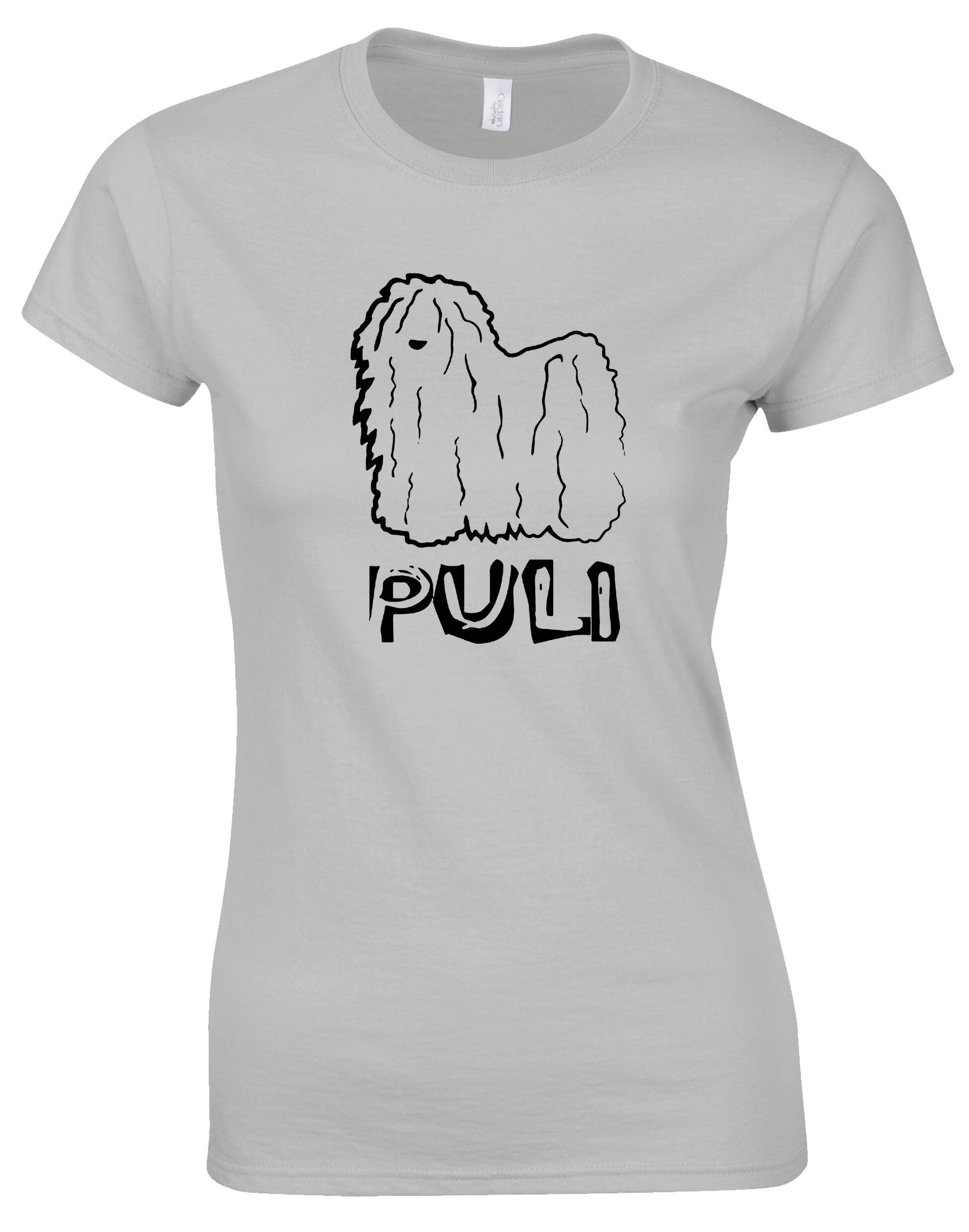 Female Roundneck T-shirt featuring exclusive Hungarian Puli artwork, crafted from premium breathable cotton for all-day comfort and a flattering feminine fit, perfect for Hungarian Puli enthusiasts.