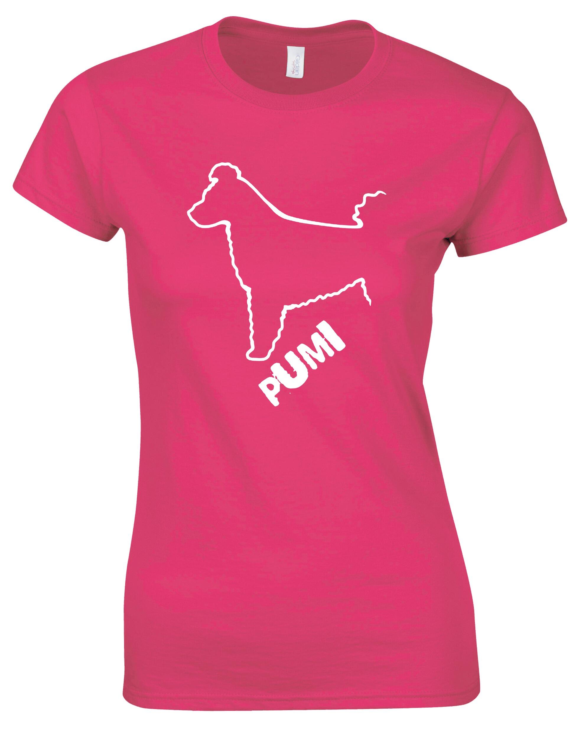 Female Roundneck T-shirt featuring exclusive Hungarian Pumi artwork, crafted from premium breathable cotton for all-day comfort and a flattering feminine fit, perfect for Hungarian Pumi enthusiasts.