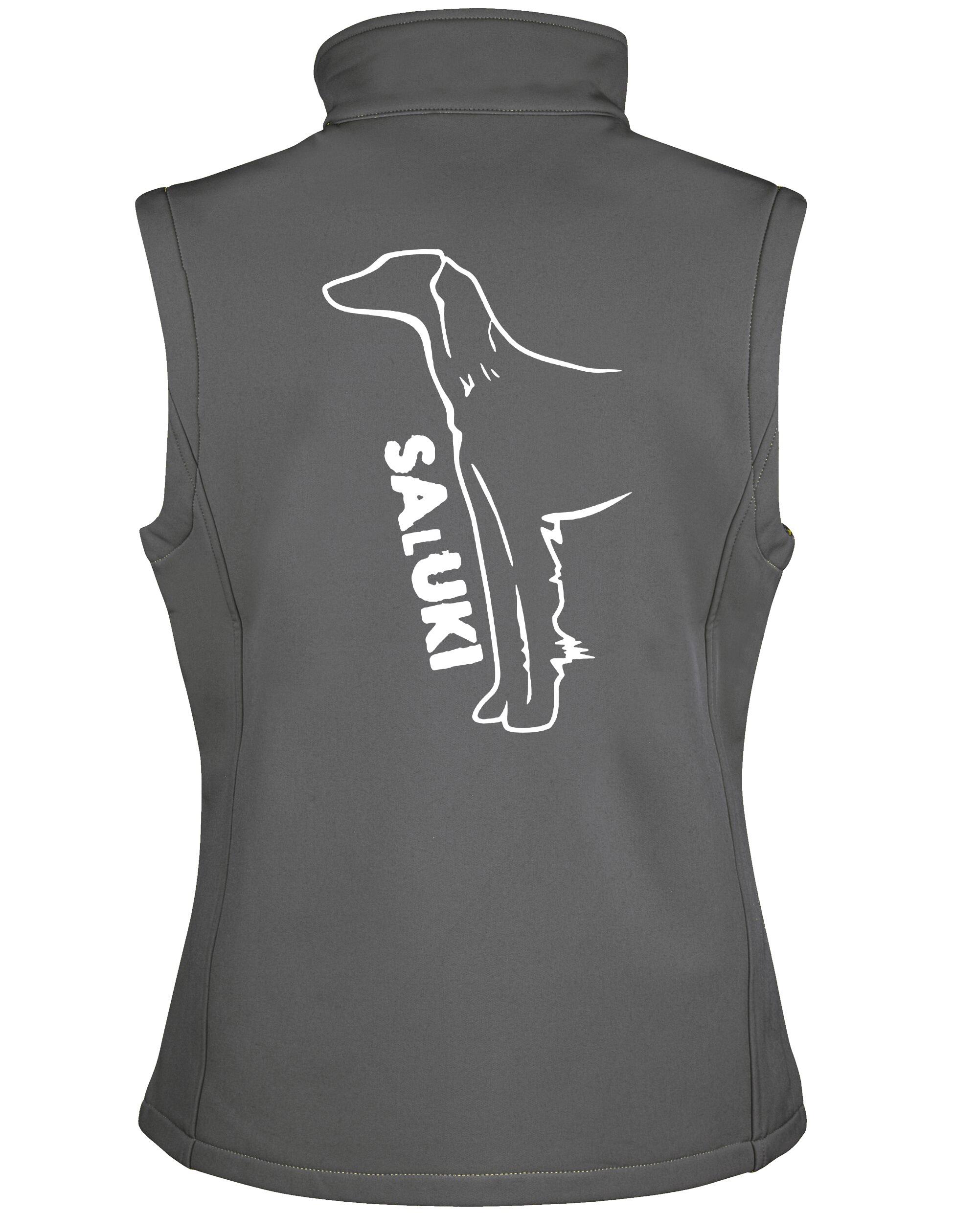 Saluki Women’s Softshell Jacket featuring exclusive breed artwork, water-resistant fabric, soft fleece lining, flattering feminine fit, and polished style for Saluki enthusiasts.