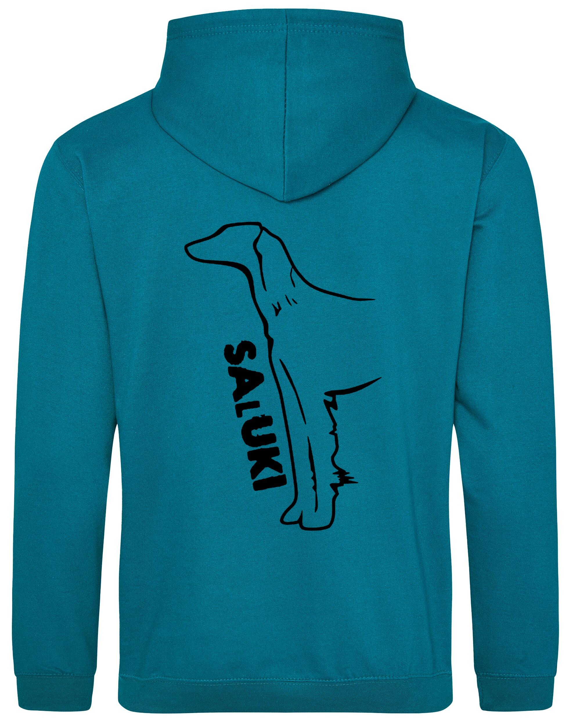 Saluki Design Pullover Hoodie featuring exclusive breed artwork, soft fleece interior, heavy-blend fabric, kangaroo pouch pocket, ribbed cuffs, and double-fabric hood with personalization options for breed enthusiasts.
