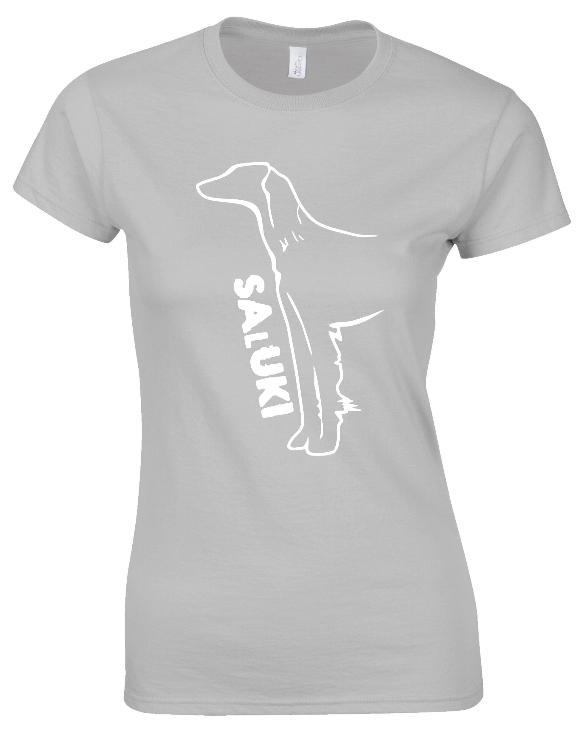 Saluki Female Roundneck T-shirt featuring exclusive breed artwork, soft breathable cotton fabric, flattering feminine fit, and classic round neckline for comfort, style, and breed pride.