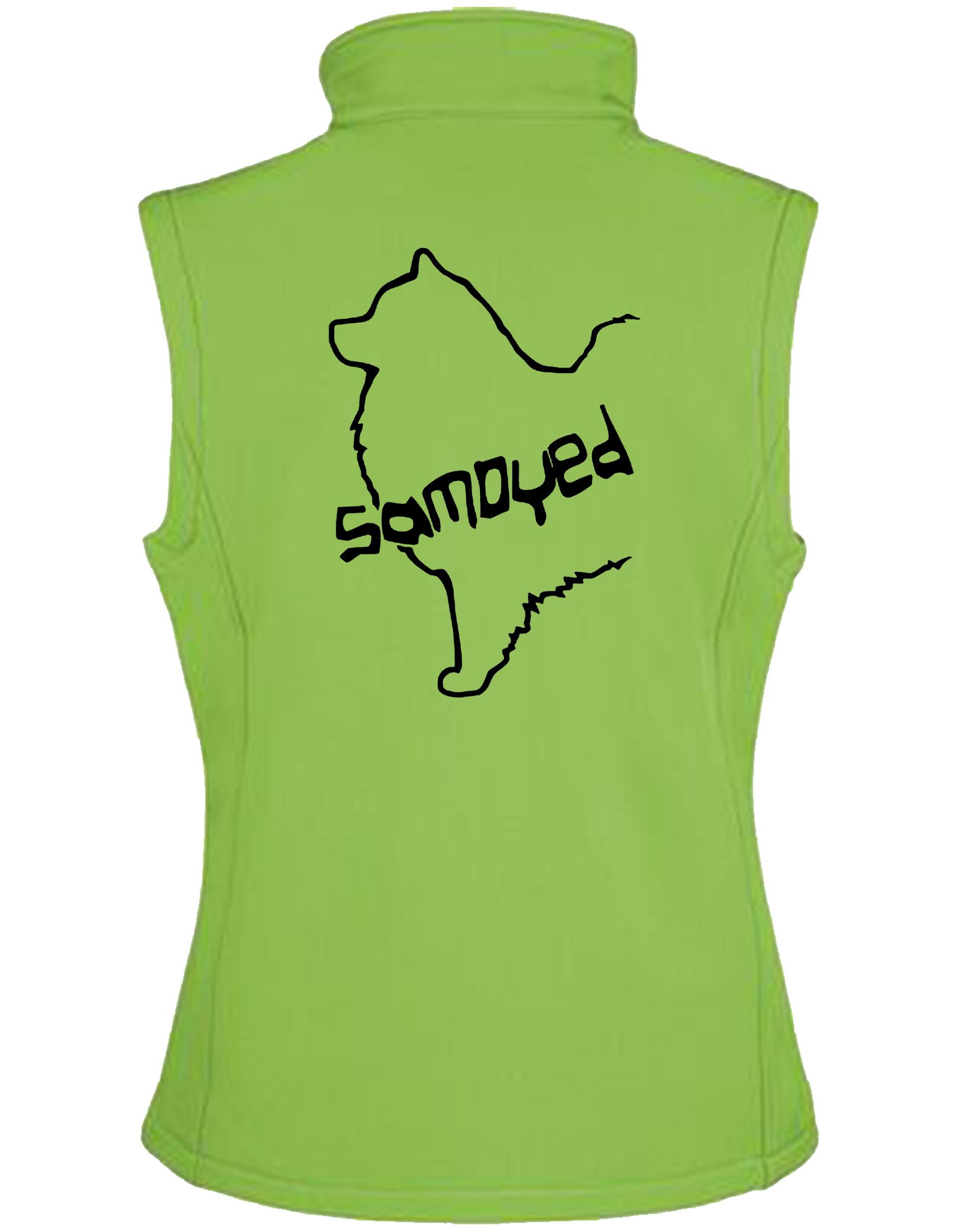 Samoyed Women’s Softshell Jacket featuring exclusive breed artwork, water-resistant fabric, soft fleece lining, flattering feminine fit, and polished style for Samoyed enthusiasts.