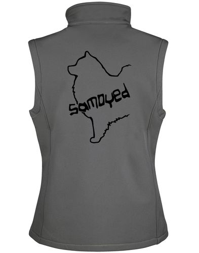 Samoyed Women’s Softshell Gilet featuring exclusive breed artwork, water-resistant lightweight fabric, tailored feminine fit, full-zip front, and side pockets for style, comfort, and practicality.