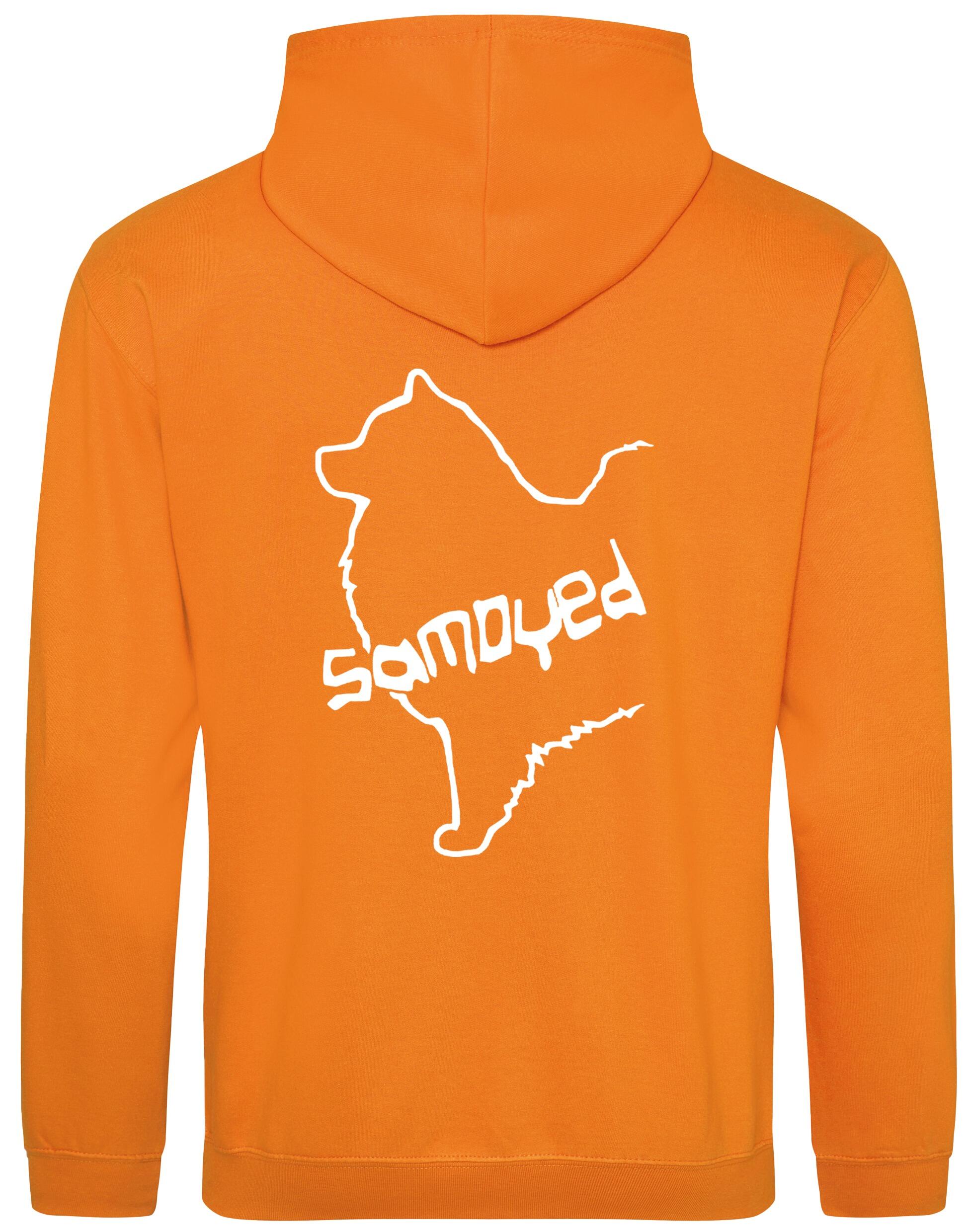 Samoyed Design Pullover Hoodie featuring exclusive breed artwork, soft fleece interior, heavy-blend fabric, kangaroo pouch pocket, ribbed cuffs, and double-fabric hood with personalization options for breed enthusiasts.