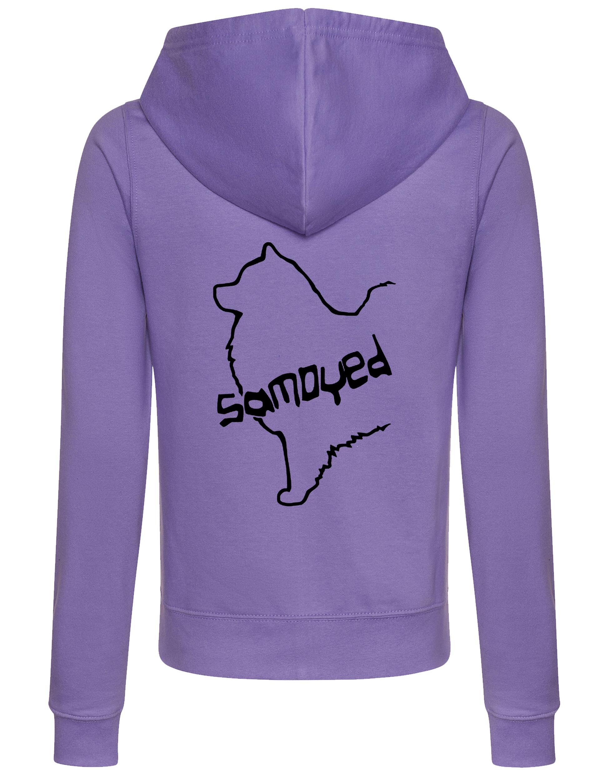 Samoyed Women’s Zipped Hoodie featuring exclusive breed artwork, soft breathable fabric, feminine fit, full-zip closure, cozy hood, and practical front pockets for stylish comfort and breed pride.