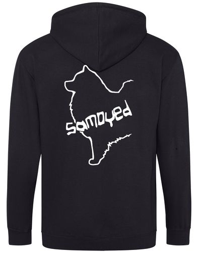 Samoyed Zipped Hoodie featuring exclusive breed artwork, soft fleece interior, heavy-blend fabric, full-zip front, double-fabric hood, spacious front pockets, and personalization options for breed enthusiasts.