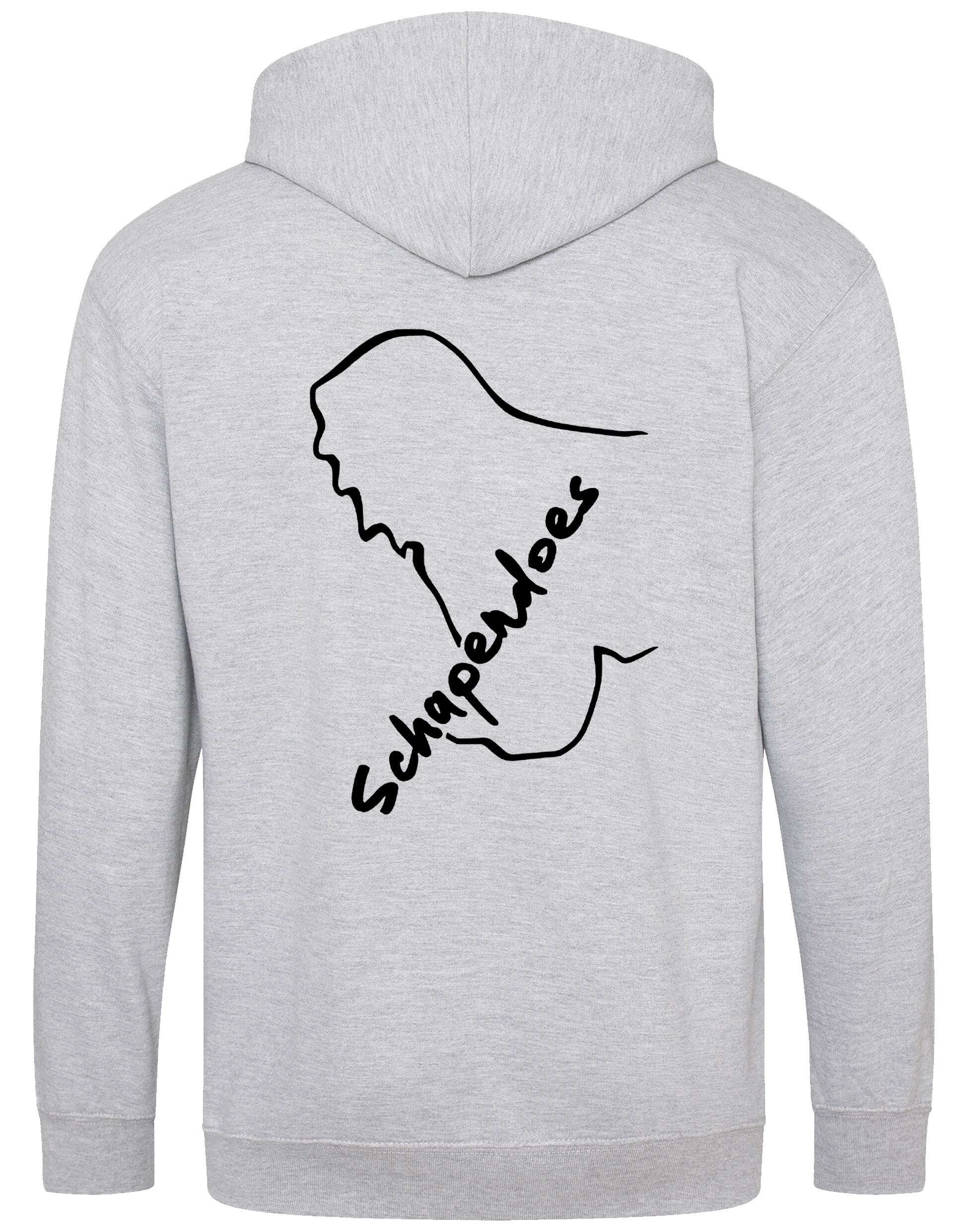 Schapendoes Zipped Hoodie featuring exclusive breed artwork, soft brushed fleece lining, double-fabric hood, front pockets, full-zip closure, and personalization options for stylish comfort and breed pride.