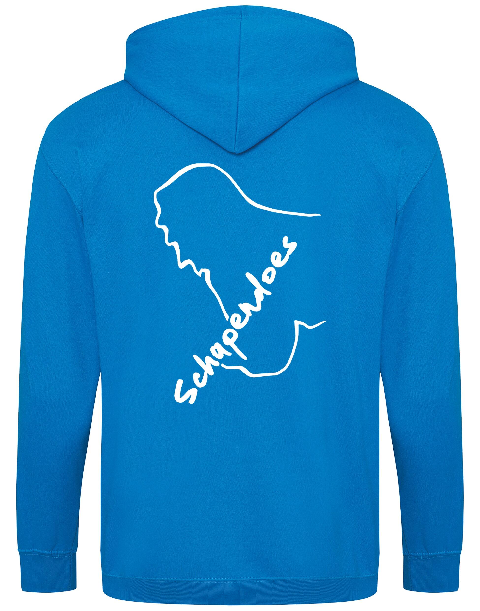 Schapendoes Zipped Hoodie featuring exclusive breed artwork, soft brushed fleece lining, double-fabric hood, front pockets, full-zip closure, and personalization options for stylish comfort and breed pride.