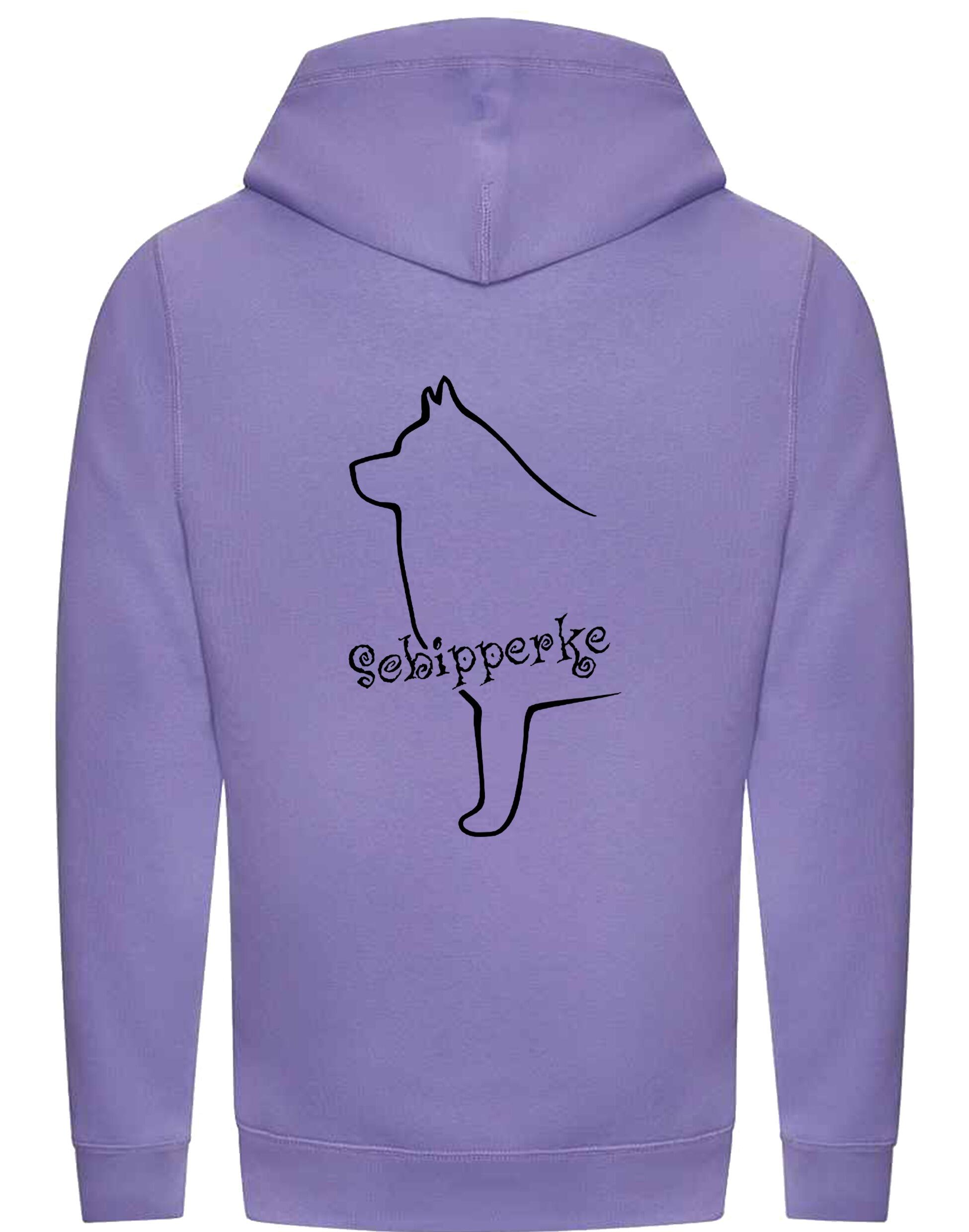Unisex crossneck pullover hoodie featuring exclusive Schipperke design, showcasing detailed breed artwork on the back, with a cozy brushed fleece interior and spacious kangaroo pocket.