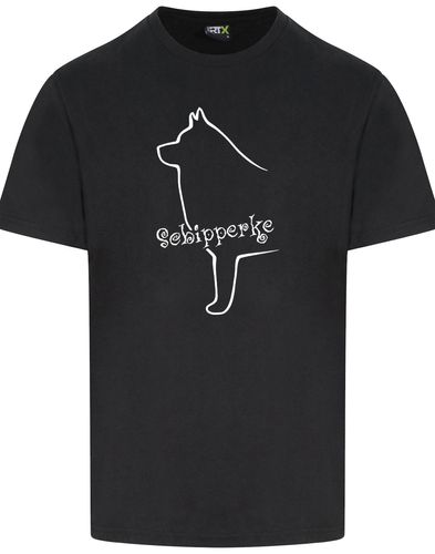 Unisex Roundneck T-shirt featuring exclusive Schipperke design, displaying detailed artwork of the breed's lively and intelligent nature on the front, made from soft, breathable cotton with a relaxed fit suitable for all genders.