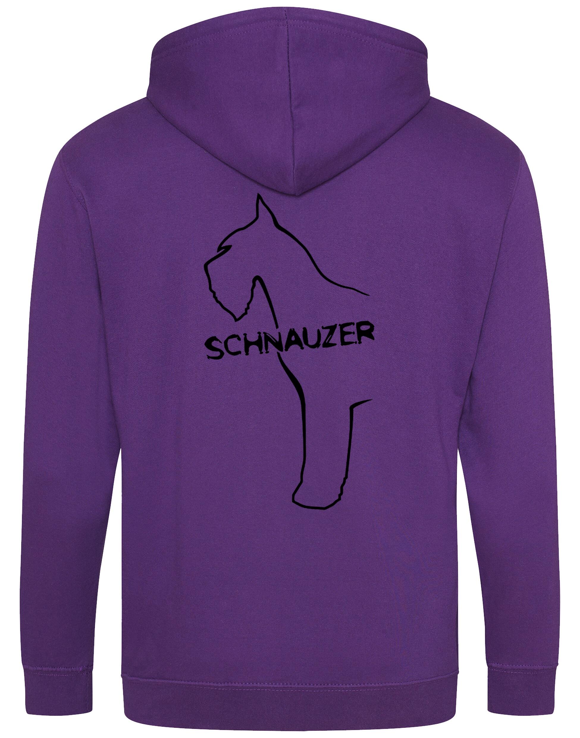Schnauzer Zipped Hoodie featuring exclusive breed artwork on the back and paw prints on the front, made from durable heavy-blend fabric with a cozy brushed fleece interior, full-zip closure, double-fabric hood, and spacious front pockets.