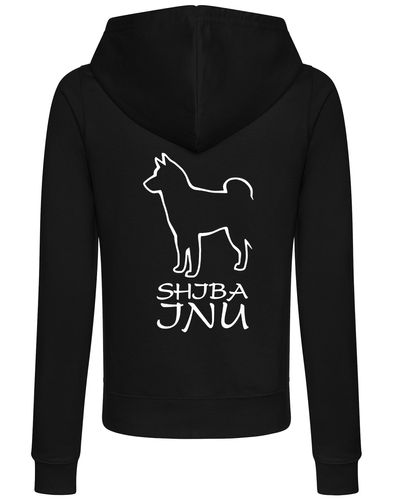 Women’s zipped hoodie with exclusive Shiba Inu artwork on the back, featuring a tailored feminine fit, cozy hood, and front pockets – perfect for stylish comfort and dog breed pride.
