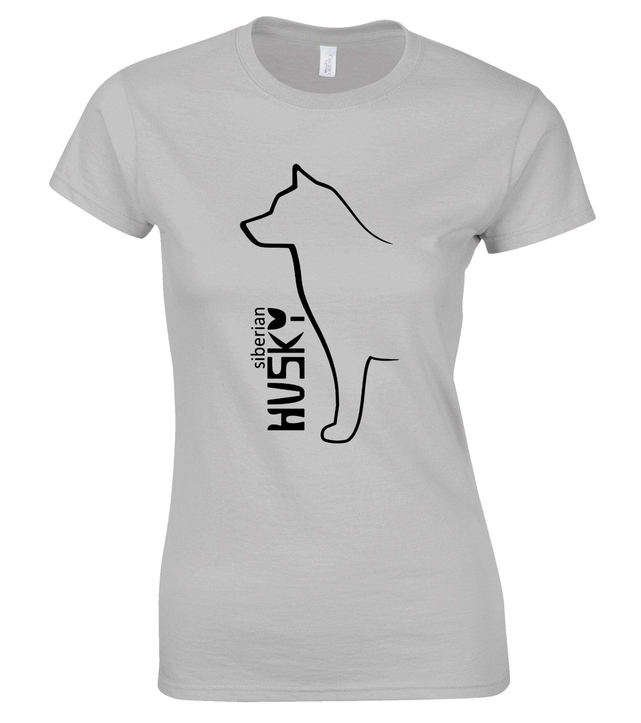 Female roundneck T-shirt featuring detailed Siberian Husky artwork on the front, made from soft breathable cotton with a flattering feminine fit—perfect for breed lovers and everyday wear.
