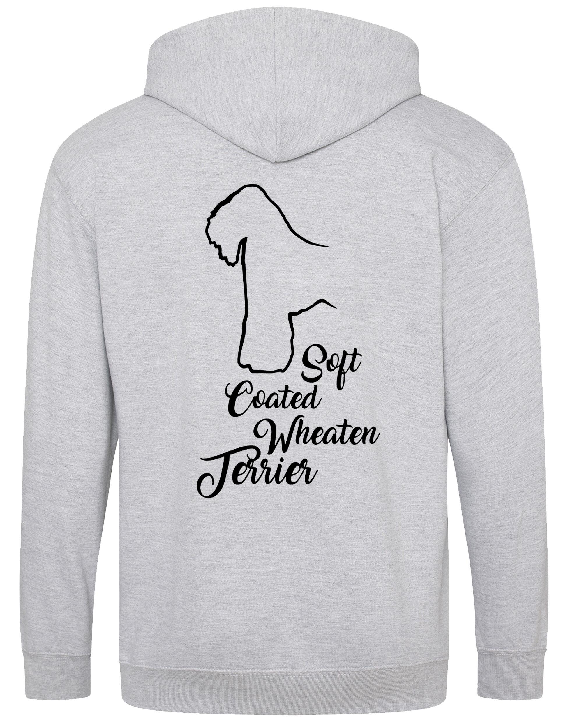 Soft Coated Wheaten Terrier zipped hoodie with breed artwork on the back and paw prints on the front, fleece-lined for warmth