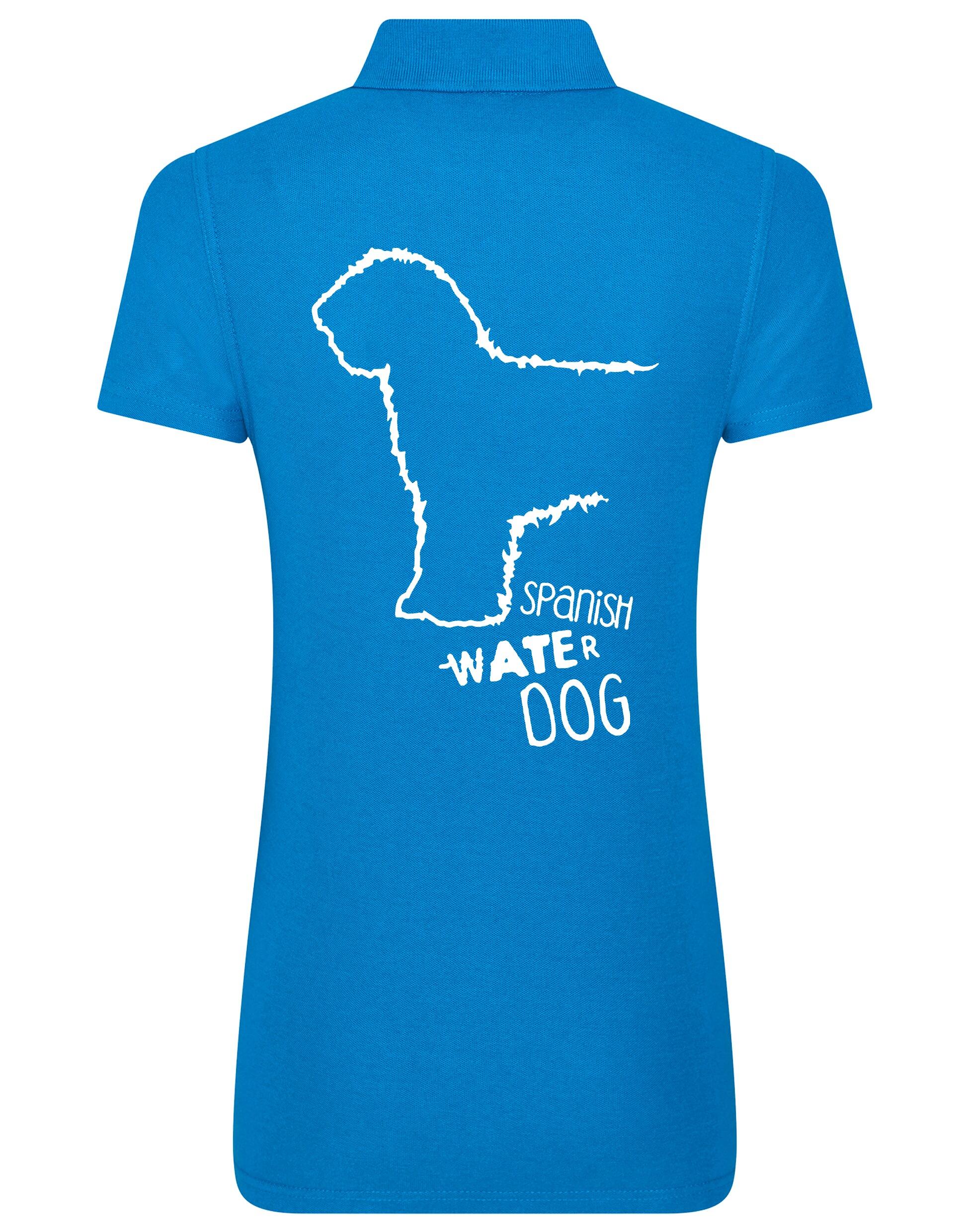 Women’s Cotton Polo featuring a detailed Spanish Water Dog design printed on the back. Lightweight and breathable with a tailored feminine fit, ideal for casual outings, dog shows, and breed enthusiasts.