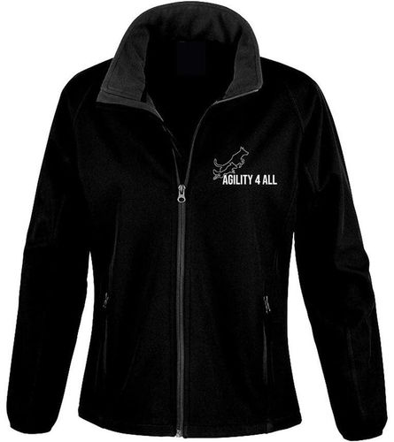 Agility 4 All Official Clothing - Black Female Softshell Jacket Front Image - White Printed Logo