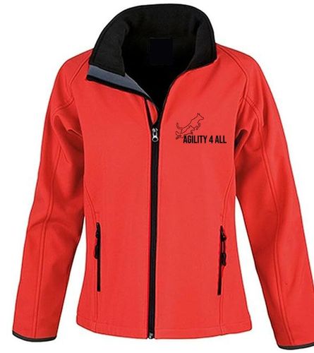 Agility 4 All Official Clothing - Red/Black Female Softshell Jacket Front Image - Black Printed Logo