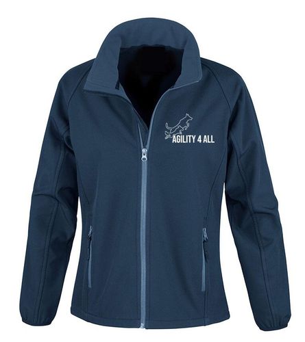 Agility 4 All Official Clothing - Navy/Royal Female Softshell Jacket Front Image - White Printed Logo