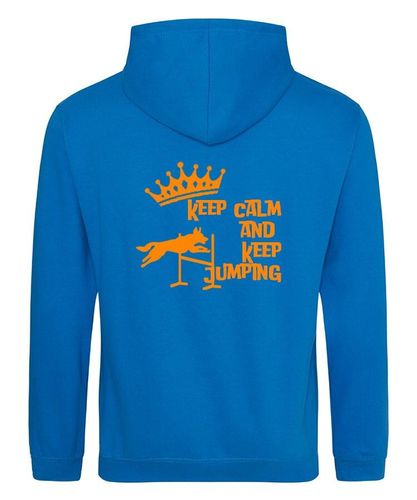 Keep Calm Keep Jumping Design on a Sapphire Blue Pullover Hoodie Orange Print
