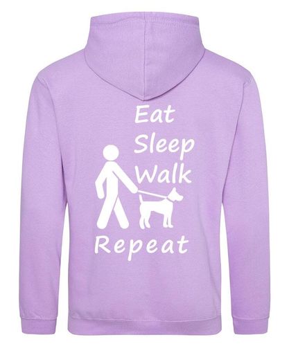 Eat Sleep Walk Repeat Design on a Lavender Pullover Hoodie White Print