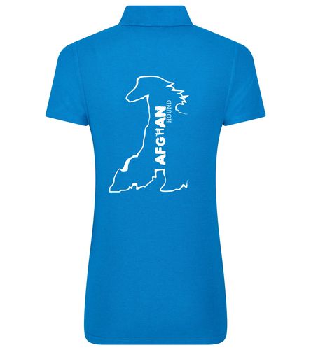 Female Afghan Hound Polo Shirt Sapphire Blue (White)