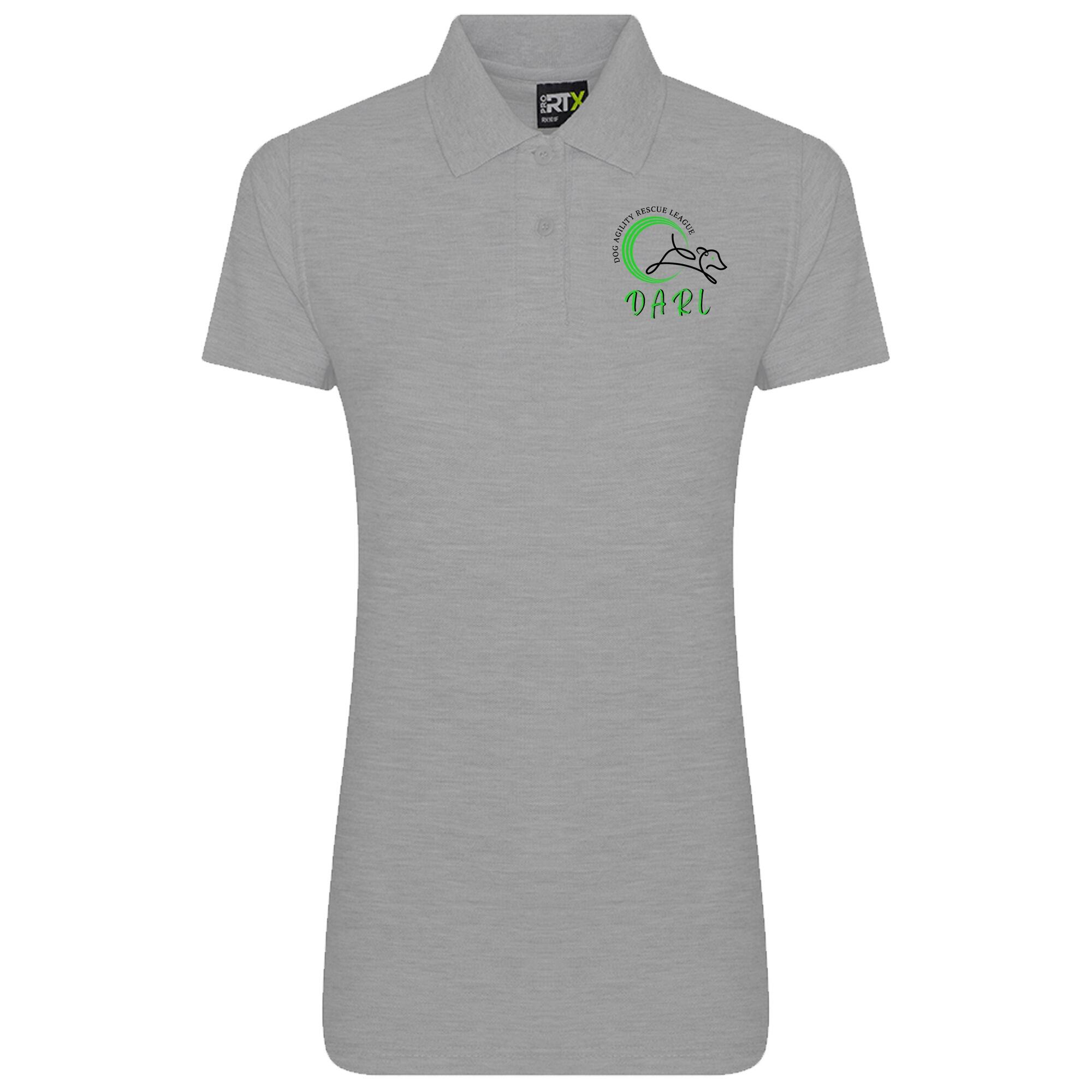 DARL Female Polo Shirt in heather grey, featuring the iconic logo, tailored for a flattering fit and supporting the Dog Agility Rescue League.