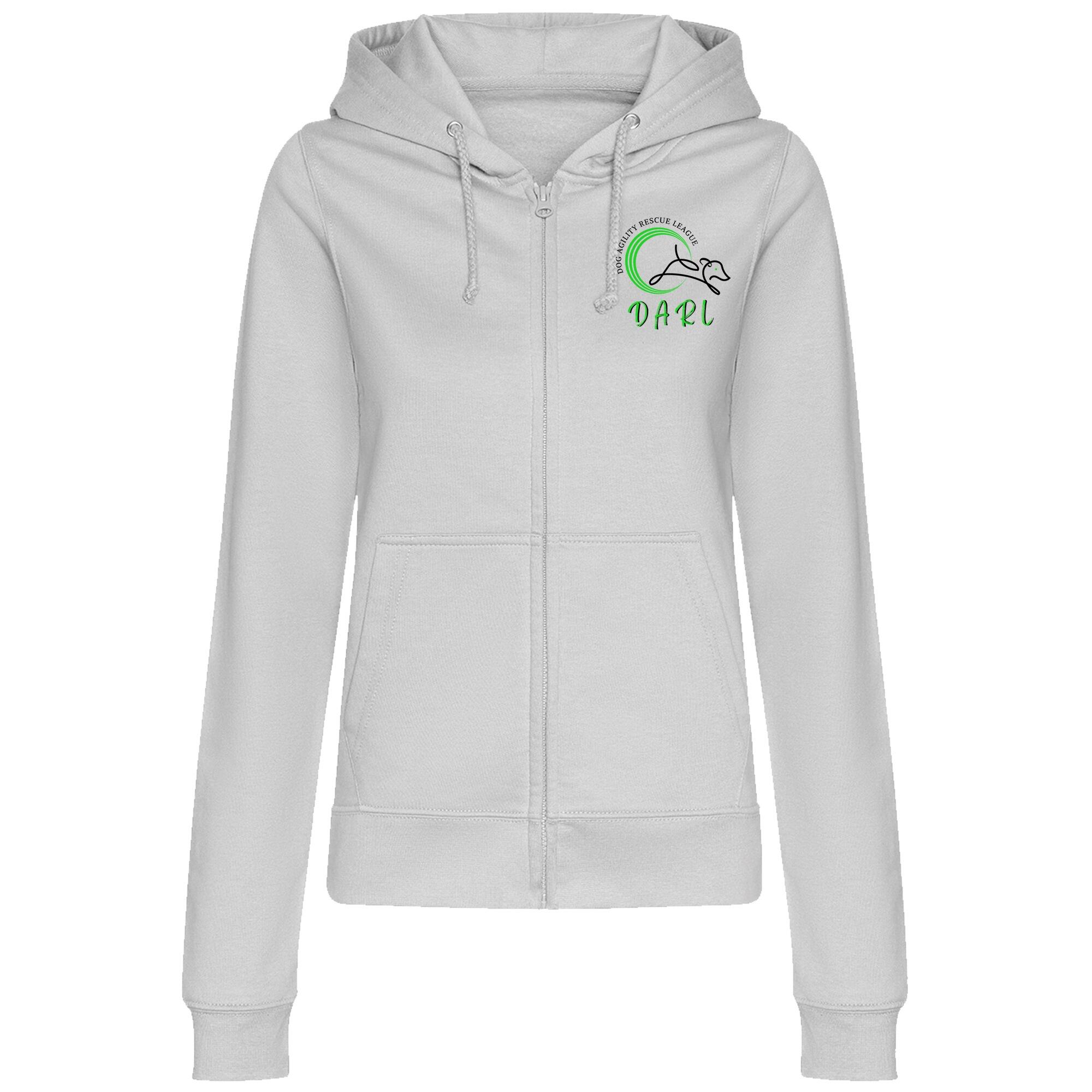 DARL Official Heather Grey Female Zipped Hoodie with logo, stylish and comfortable for women, supporting the Dog Agility Rescue League with each purchase.
