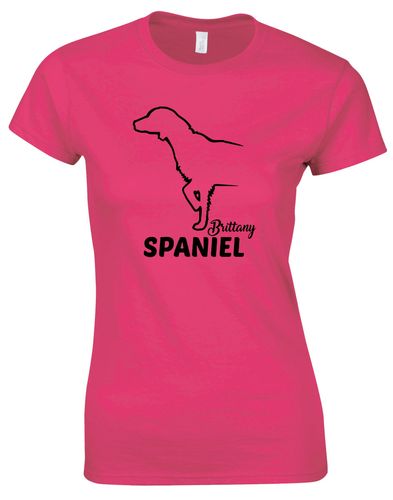 Female Brittany Spaniel Roundneck T-Shirt Pink (Black)