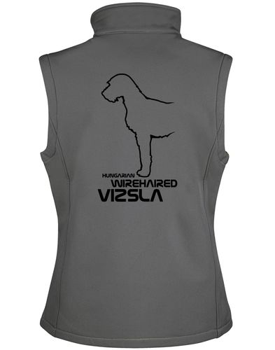 Unisex softshell gilet featuring Hungarian Wirehaired Vizsla breed artwork – water-resistant, fleece-lined, perfect for outdoor activities and dog events.