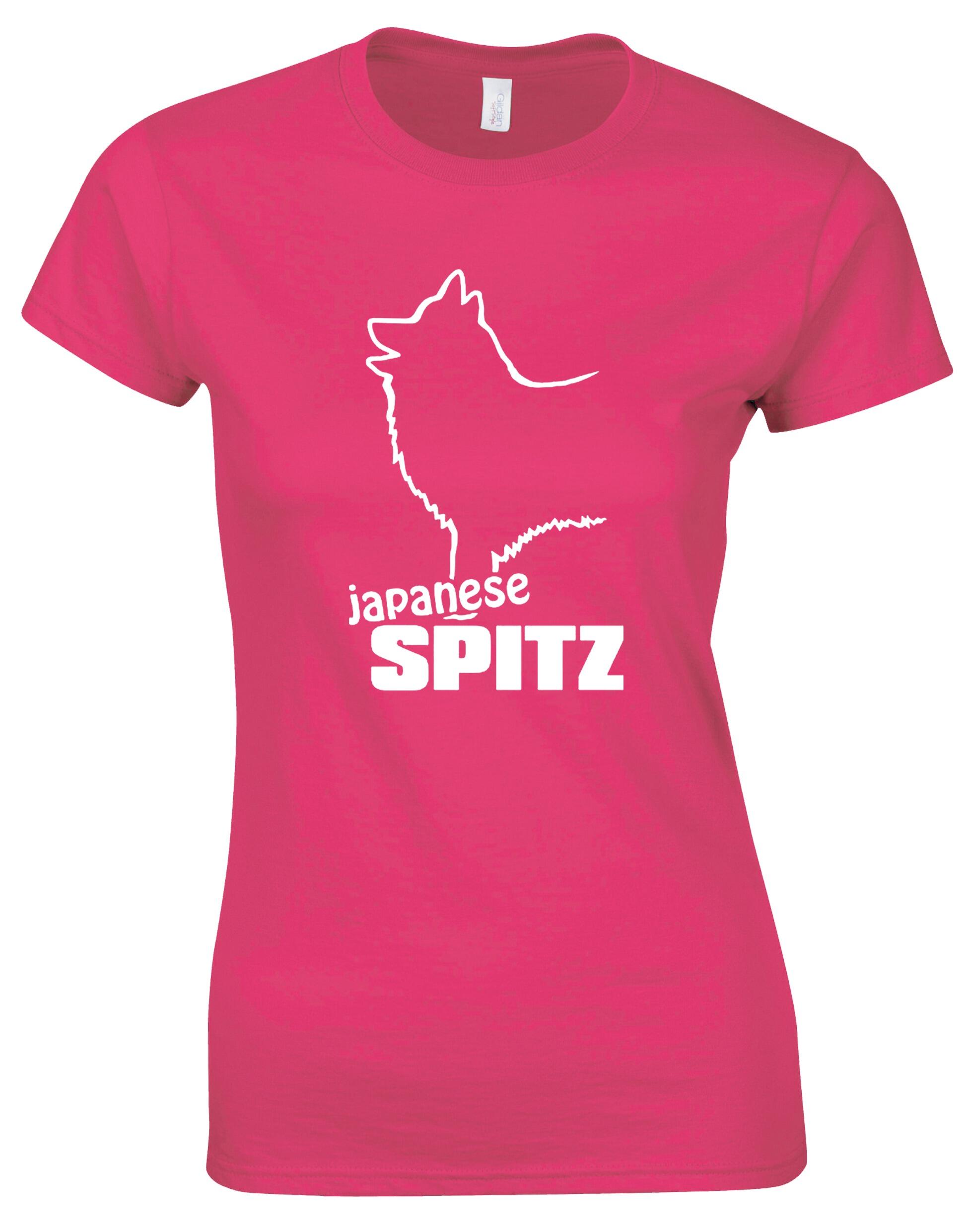 Female roundneck T-shirt featuring exclusive Japanese Spitz artwork, crafted for breed enthusiasts.