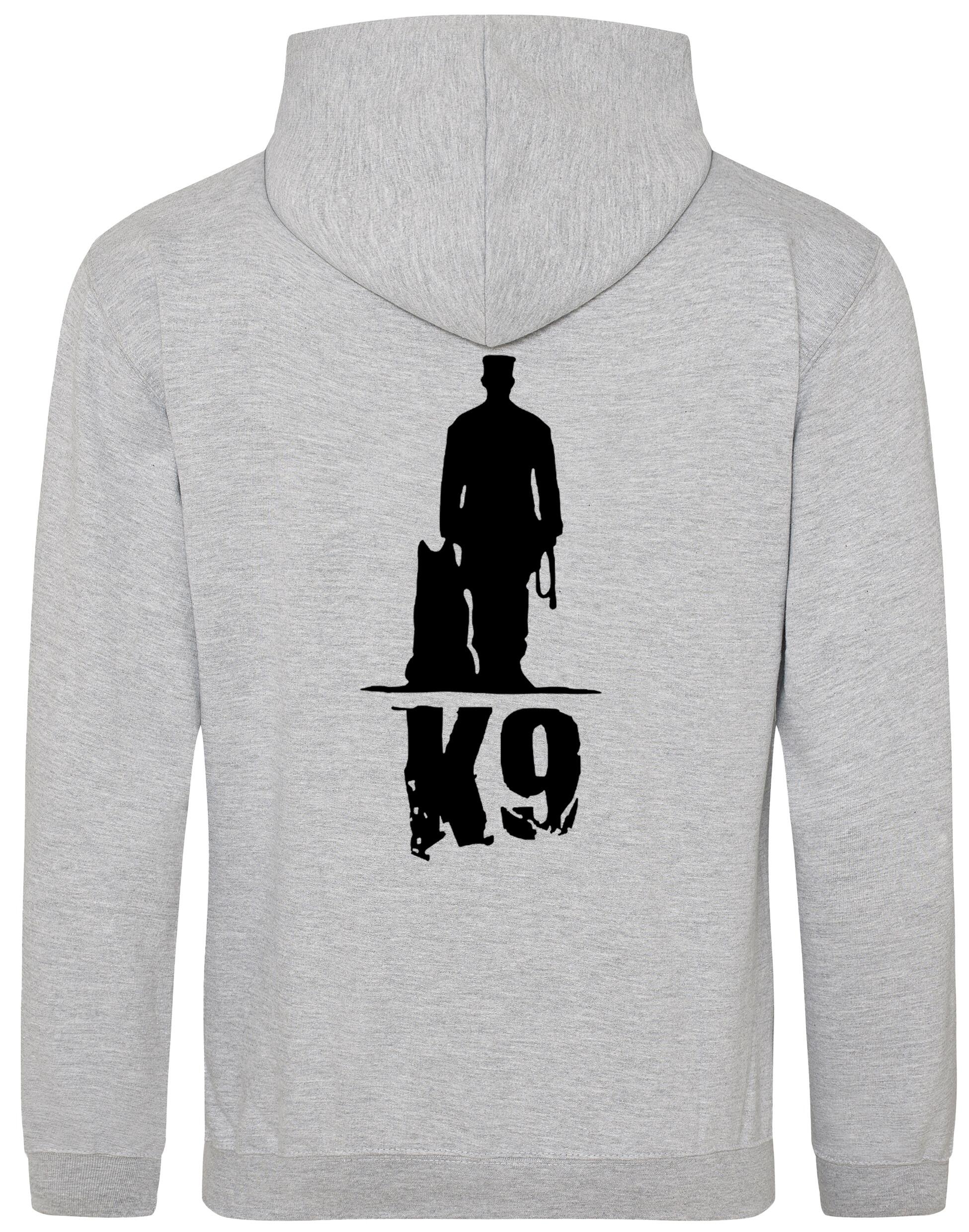 K9 pullover hoodie with exclusive artwork, brushed fleece interior, and personalization options, perfect for dog lovers at events or casual outings.