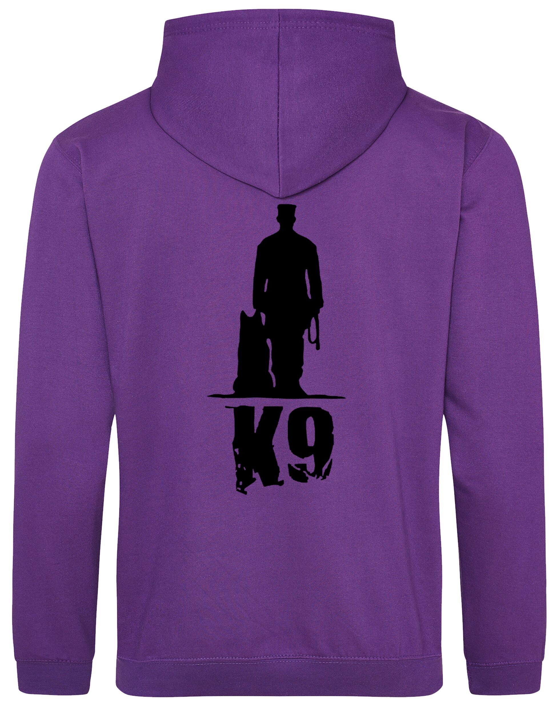 K9 pullover hoodie with exclusive artwork, brushed fleece interior, and personalization options, perfect for dog lovers at events or casual outings.