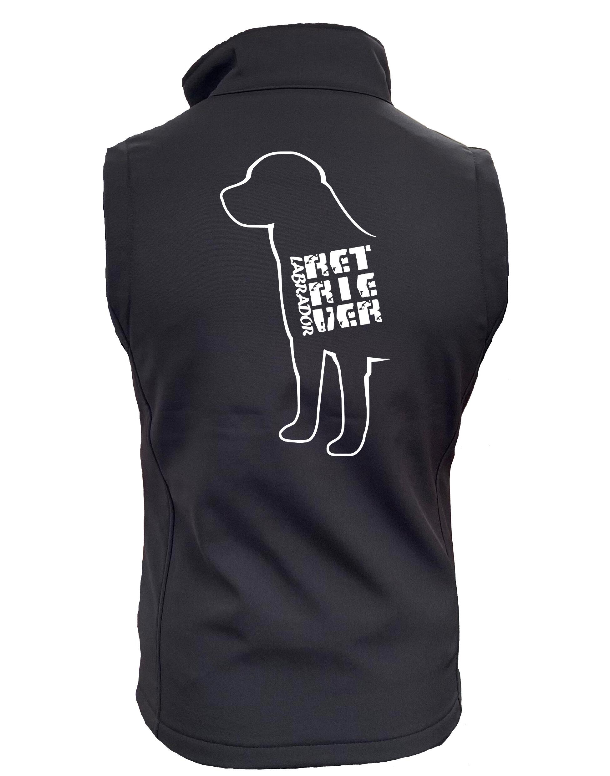 Women’s softshell gilet with exclusive Labrador Retriever artwork, featuring a tailored fit, water-resistant fabric, and customizable options.