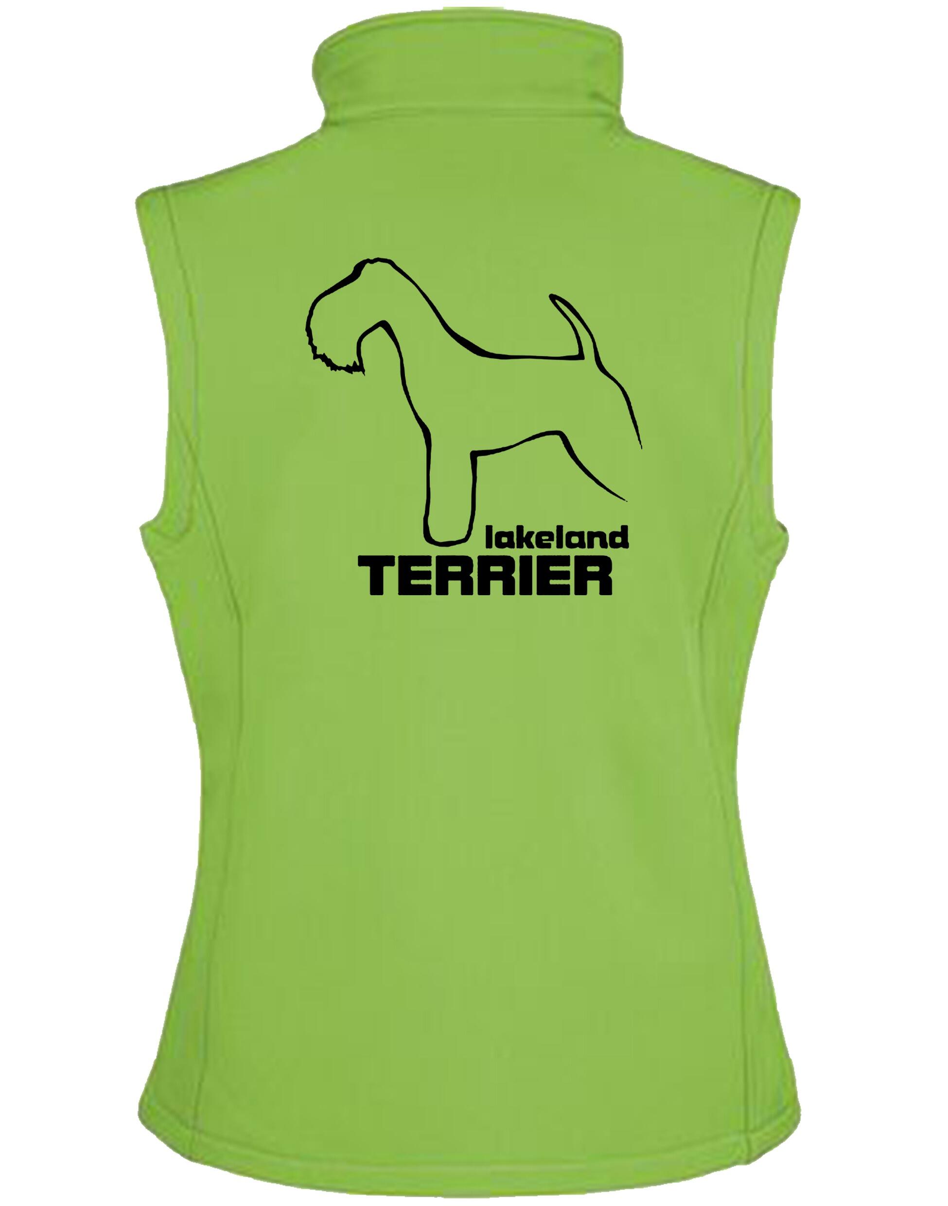 Woman wearing a stylish Lakeland Terrier Softshell Gilet with breed artwork, water-resistant fabric, and fleece lining