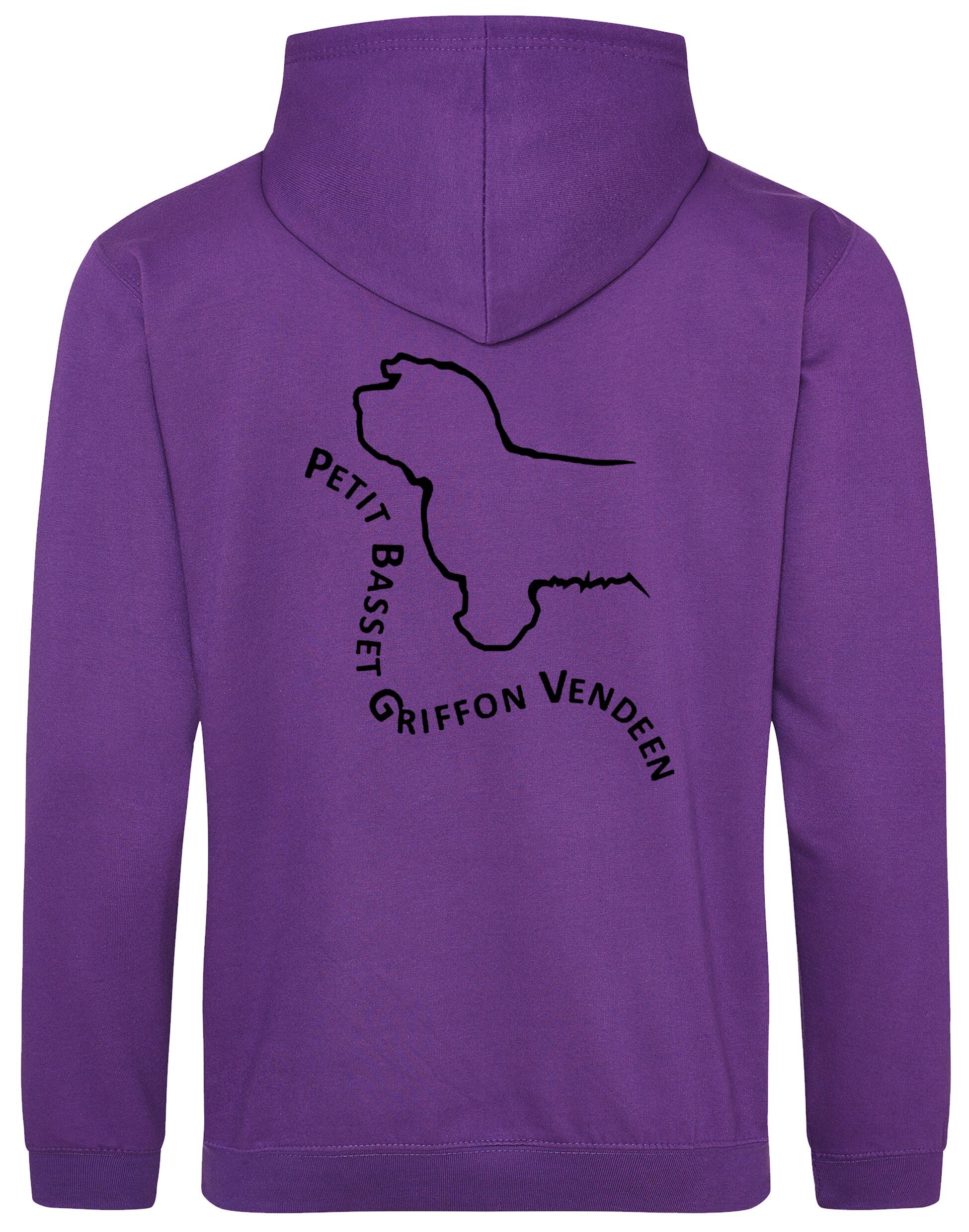 Petit Basset Griffon Vendéen Pullover Hoodie – warm fleece-lined hoodie featuring exclusive breed artwork, personalization options, a kangaroo pouch pocket, ribbed cuffs, and a double-fabric hood.